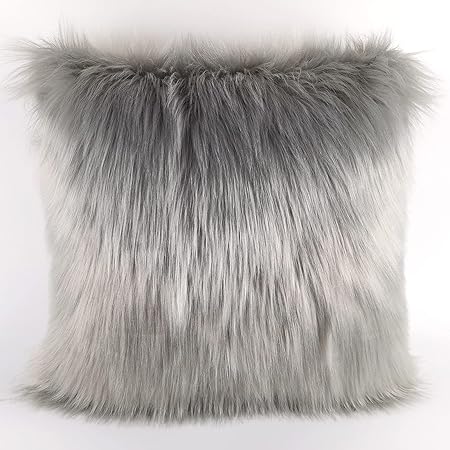 Hola Fiesta A Fluffy Throw Pillow Cover Covered by Gray Long Hair for Couch Sofa Bed Decoration in Bedroom or Livingroom,18 X 18 inch，Gray