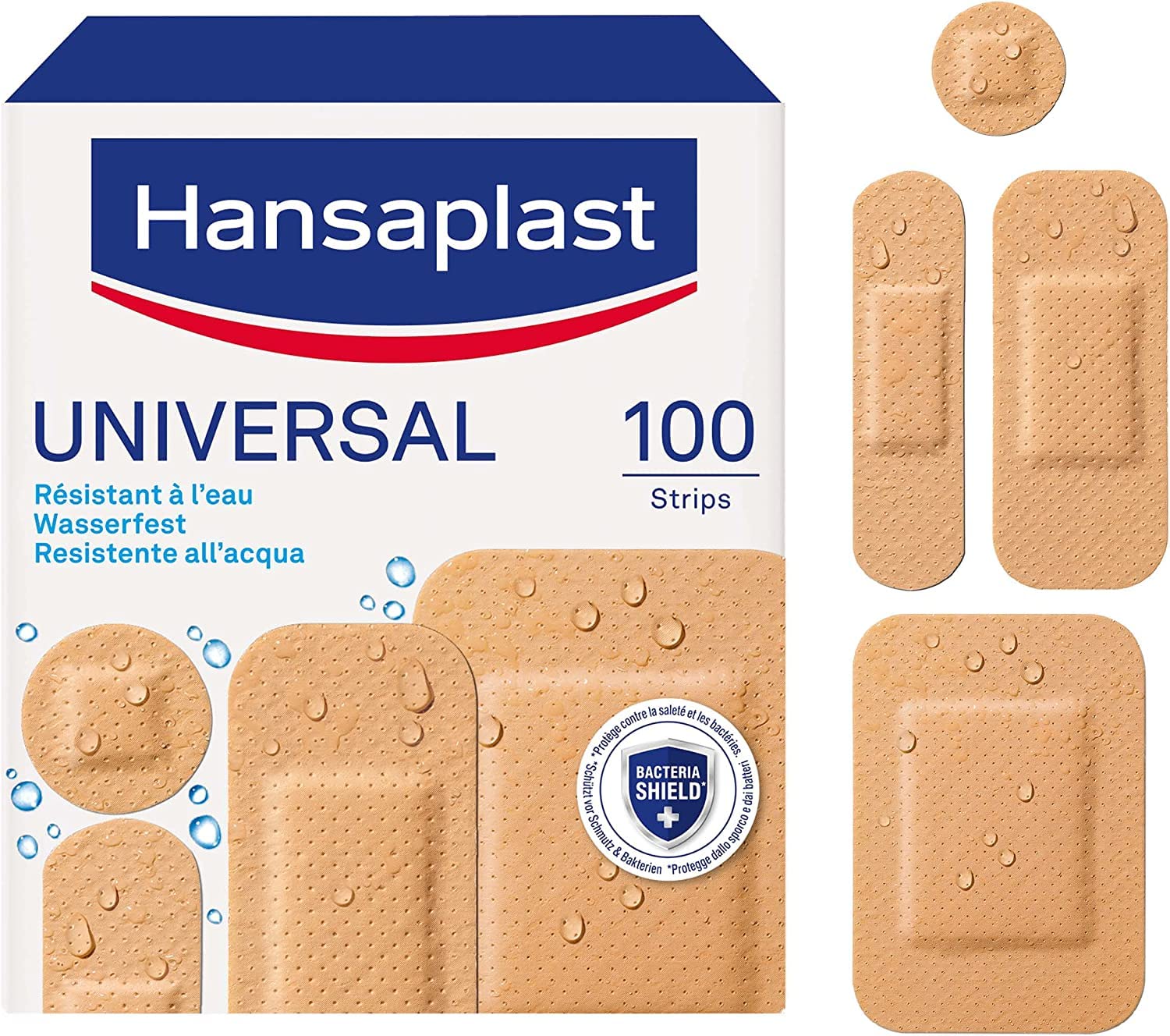 Hansaplast Cerotti UNIVERSAL, Cerotti impermeabili con elevato potere adesivo, Cerotti traspiranti per tutti i tipi di ferite, 1 confezione da 100 Pezzi in 4 formati