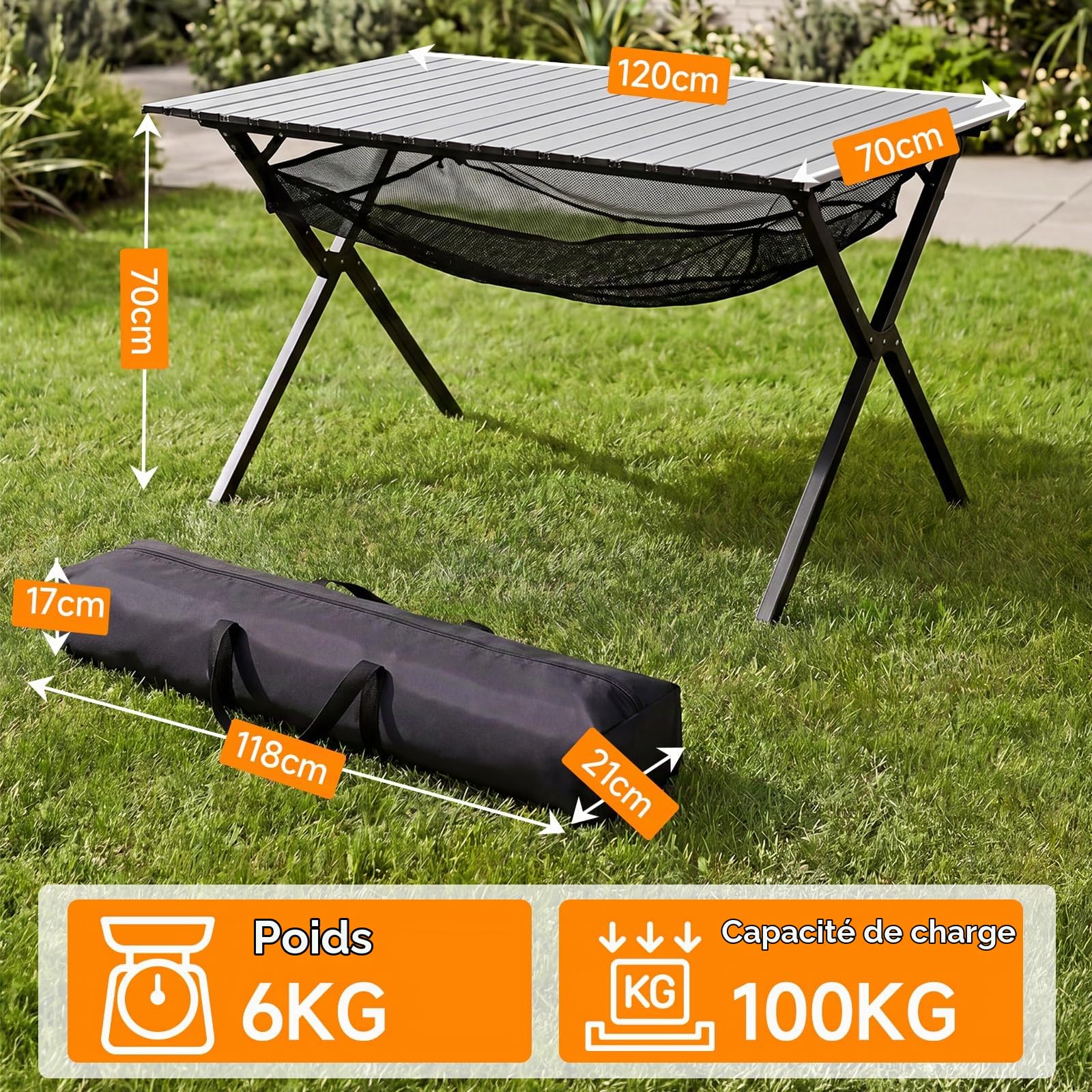 HAUSPROFI Table de camping pliable 120 x 70 x 70 cm pour 4 à 6 personnes, en aluminium, charge maximale : 100 kg, table pliante avec sac de transport, table d'extérieur portable pour camping