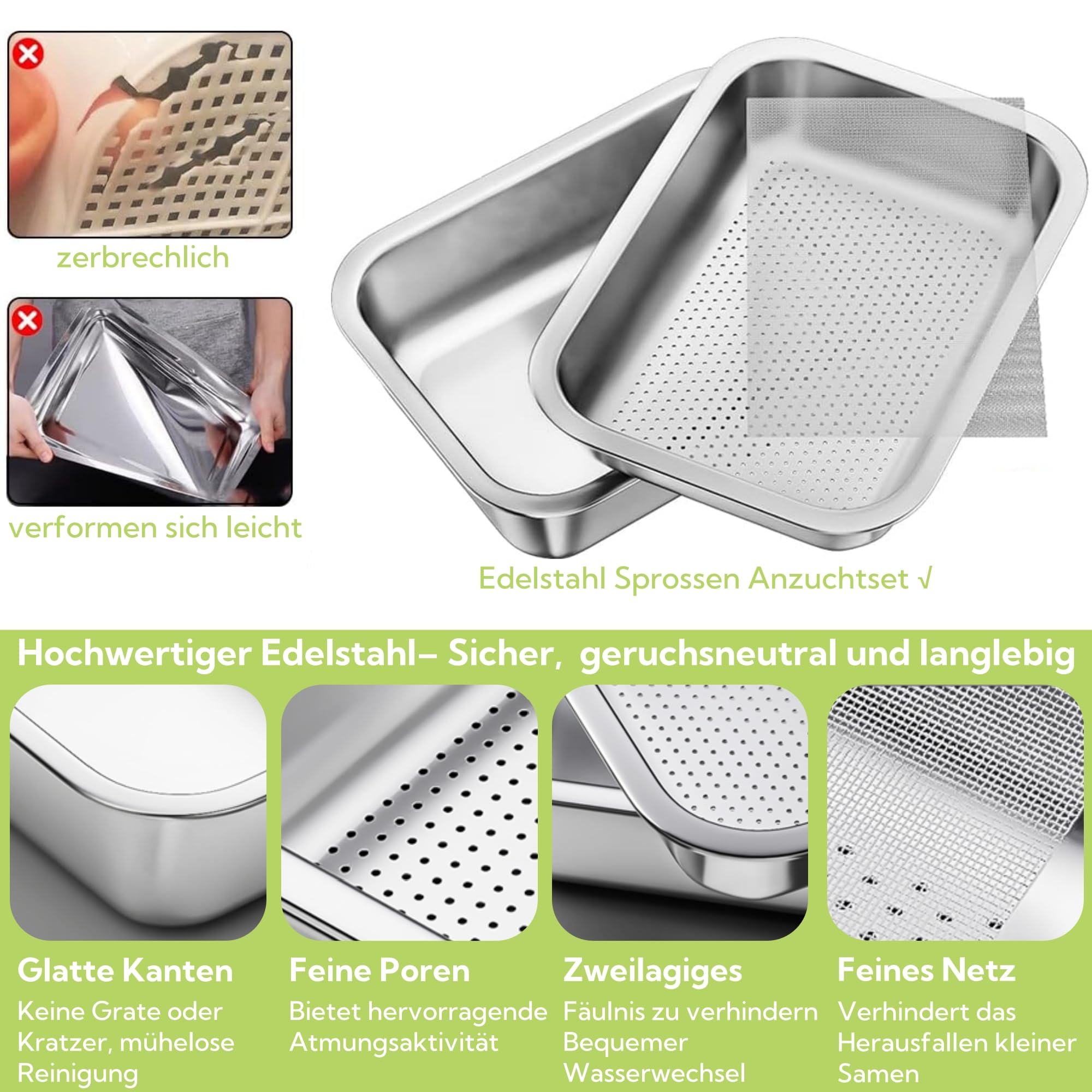 Magicbox Lot de 2 germes en acier inoxydable - 26 x 19 cm - Pour germes et microverts - 2 en 1 - Double taille - En acier inoxydable - Passe au lave-vaisselle
