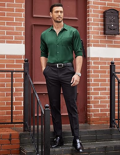 Miniatura 3 de COOFANDY Camisa de vestir de satén de lujo para hombre, de seda brillante, de manga larga, con botones, camisa de boda, fiesta, baile de graduación