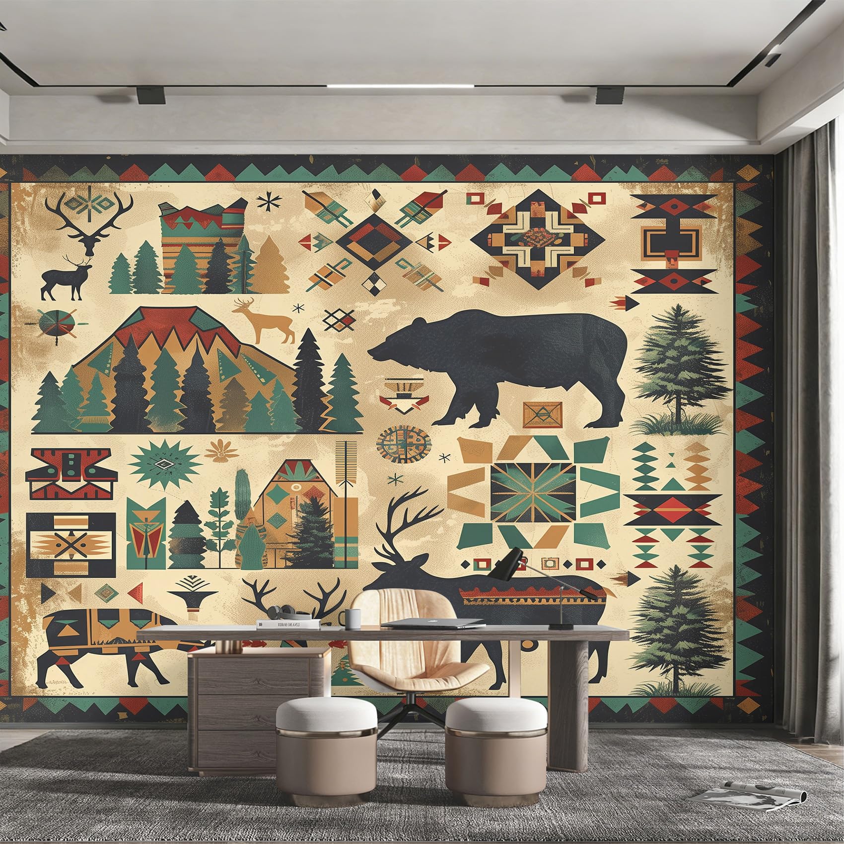 Papier peint panoramique élan ours sauvage fresque intissée salon 450x315 cm