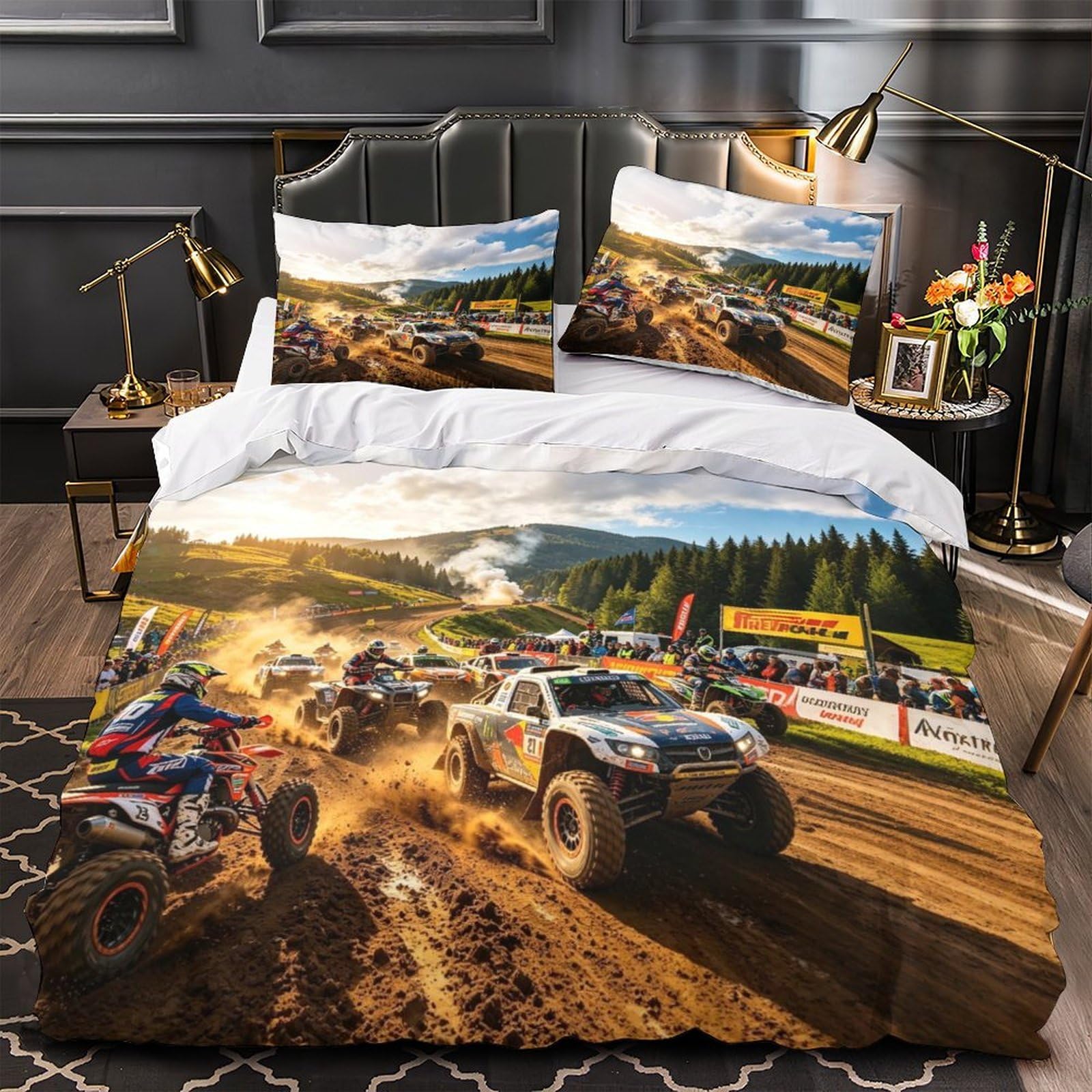 DAFUfbw Luxe Rally Racing Bedding Set With Hidden Zipper, Double（200x200cm） Duvet Cover Off-road Rally with Pillowcases, Soft Microfiber Off-road Rally Quilt Cover