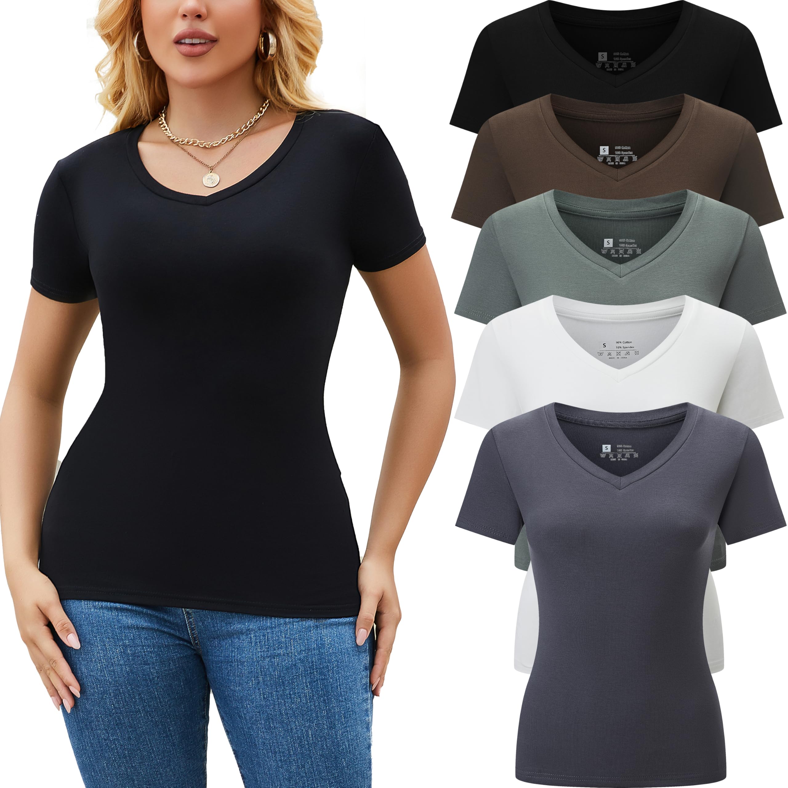 5er-Pack Damen-T-Shirts, kurzärmelig, Basic-T-Shirts, V-Ausschnitt, modische Tops, schmale Passform, lässige Sommer-Outfits, Kleidung 2025