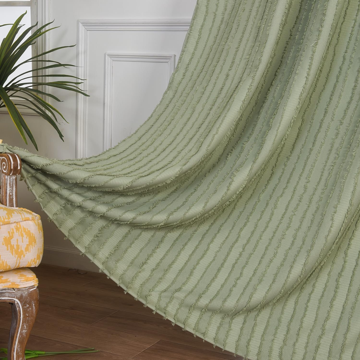 Roslynwood Home Boho Chic Rod Pocket Sheer Window Sage Green Curtain 72 inches Long - Light-Filtering Voile Panel for Living Room/Bedroom, 2 Panels