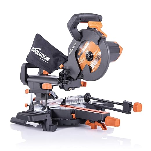 Evolution Power Tools Sliding Miter Saw with Plus Features - 0-45˚ Bevel, 50-50˚ Miter - Multi-Material Cutting - Wood, Plastic, Metal Blade Included 210mm - R210SMS+