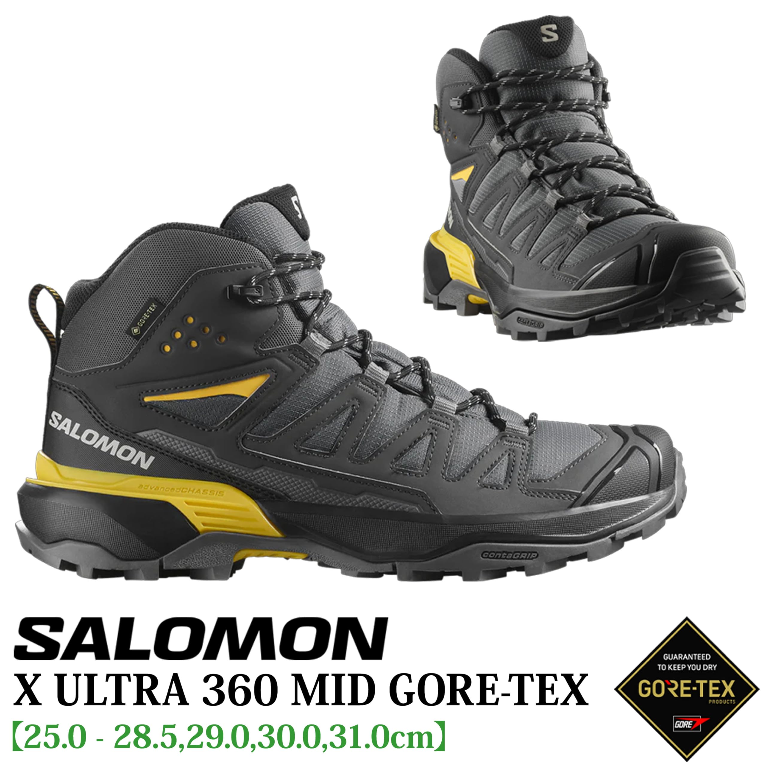 Salomon X Ultra 360 Mid GTX (L47742600) męskie buty trekkingowe, czarne, wodoodporne, oddychające, do użytku na zewnątrz, wysokie do kostek, amortyzacja, wygodne, górskie, wytrzymałe