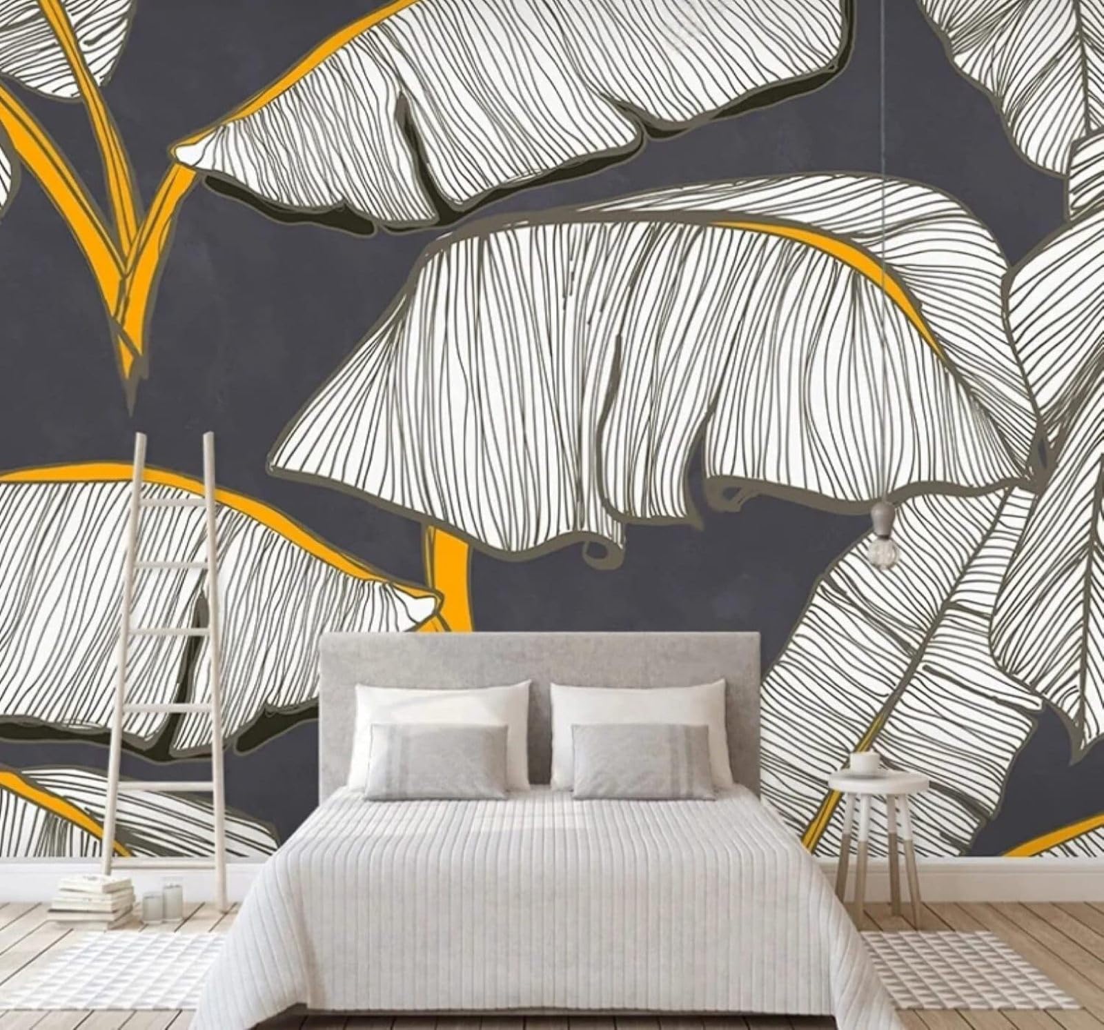 XLMING Large Hand Drawn Black and White Line Art Banana Leaves 3D Wallpaper Luxury Home Dining Decor Paste Sofa Living Room The Wall for Bedroom Mural-200cm×140cm