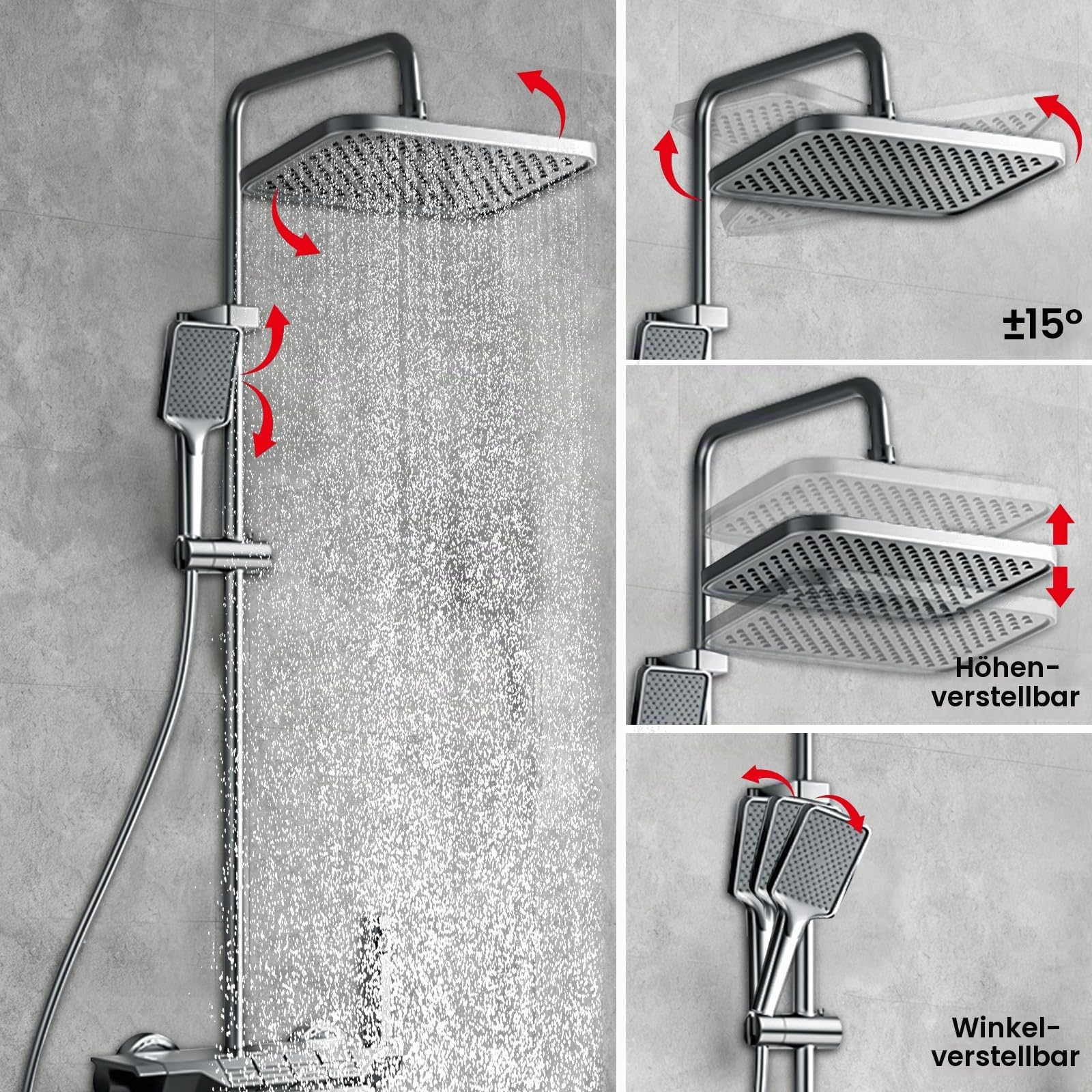 Duscharmatur Komplettset Klavierknöpfe 4 Arten von Wasserauslässen, Regendusche mit Höhenverstellbare Duschstange 85-110cm, Eckiger Kopfbrause Duschsystem für Badezimmer, Grau