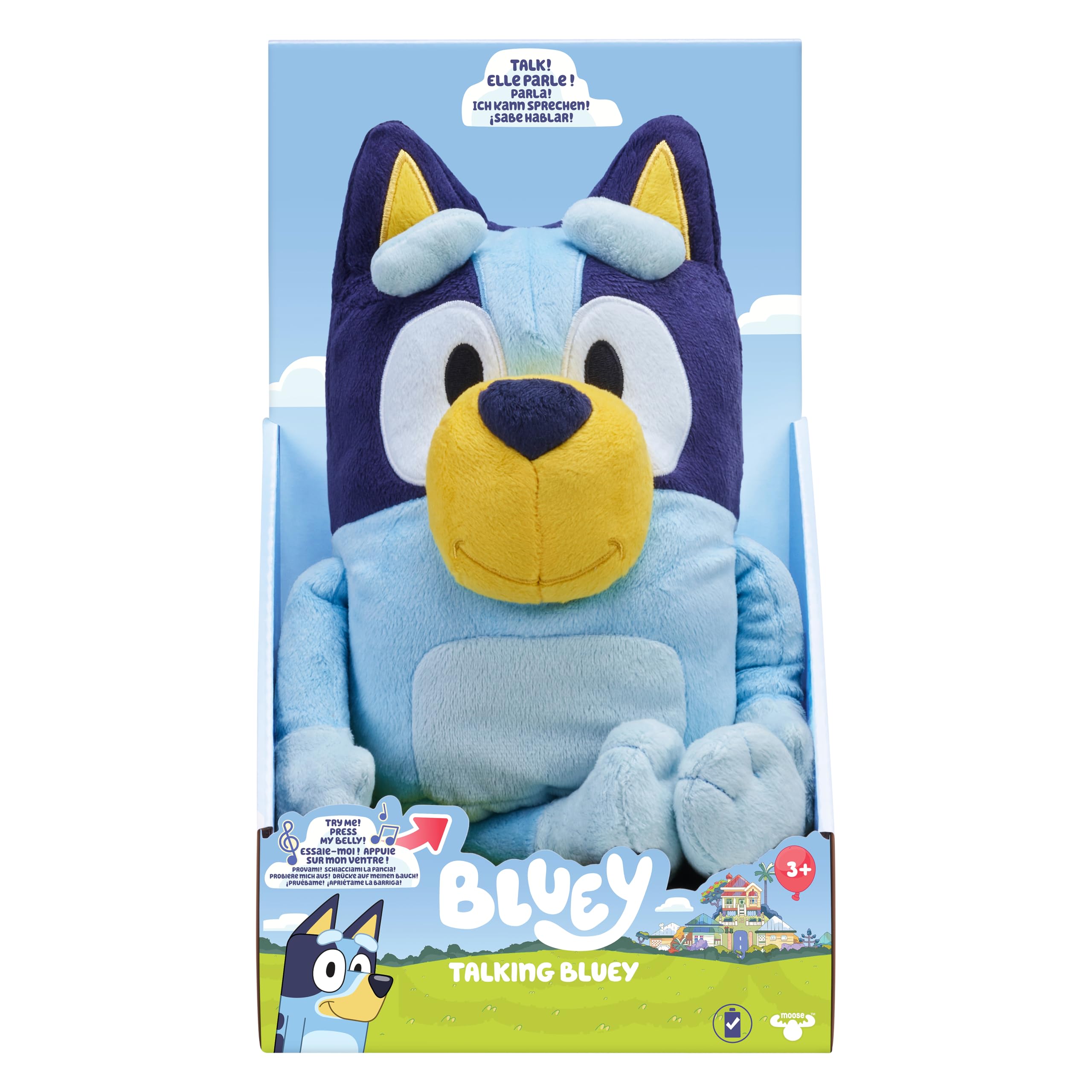 Bluey parlante 33 cm, peluche multilingue parlante con 9 frasi e canzone della serie, parla in 3 lingue diverse