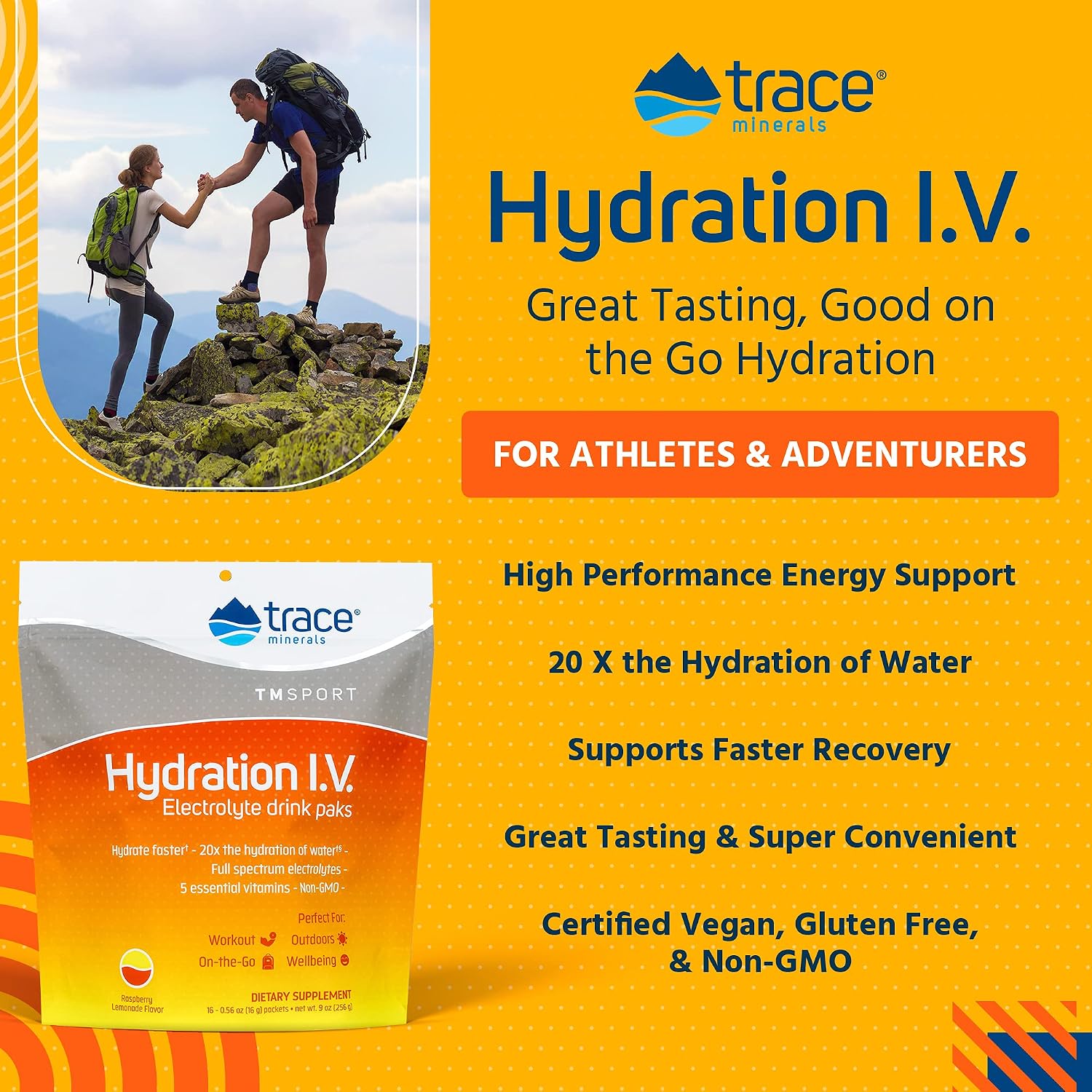 Trace Minerals | Hydration I.V. Electrolyte Drink Packs | Full Spectrum Mineral Mix |Supports Rapid Rehydration, Energy, Stamina and Muscle Recovery | Raspberry Lemonade Flavor | 16 Packs