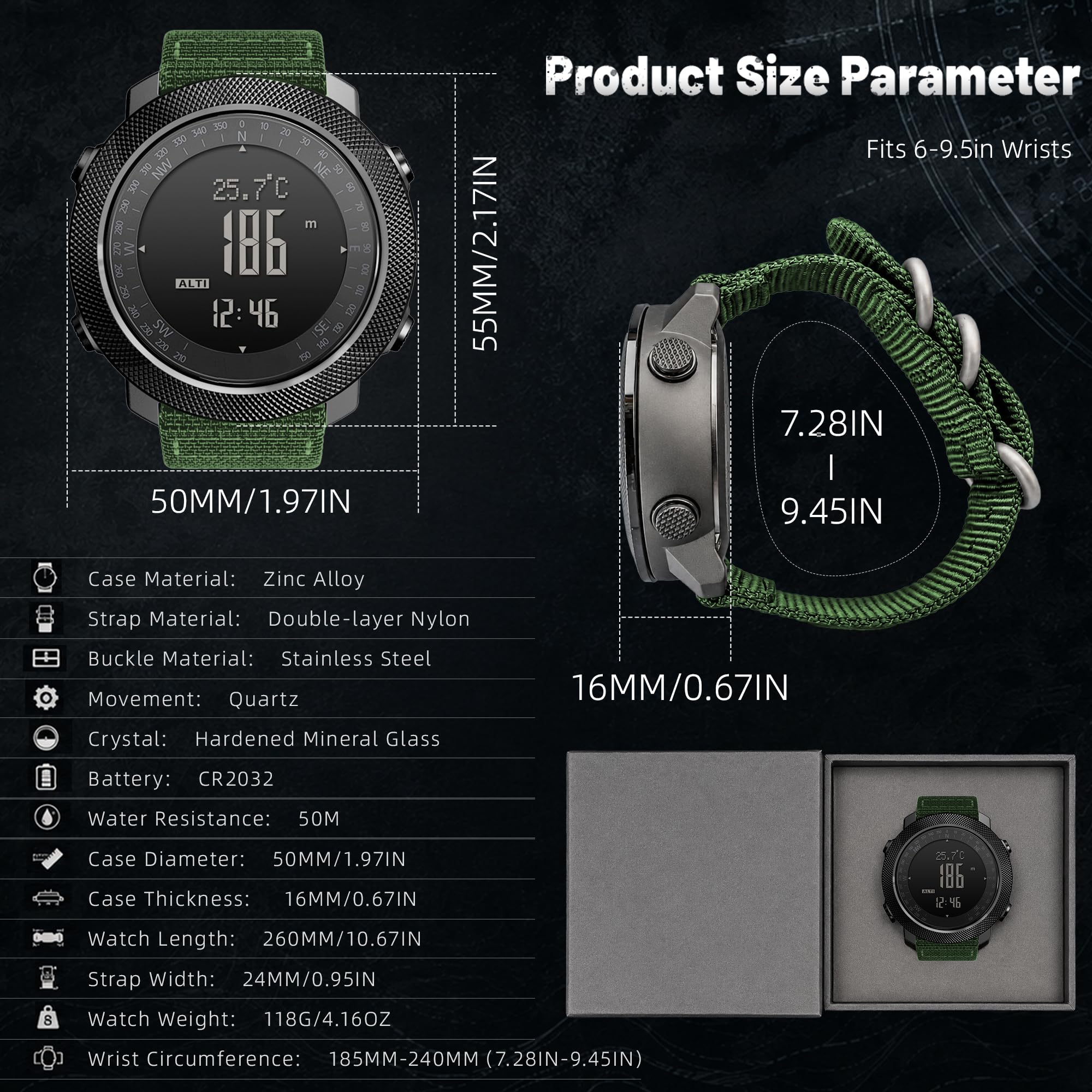 CakCity Montre numérique tactique militaire pour homme, grand cadran de 50 mm, boîtier en alliage de zinc avec bracelet en nylon double couche respirant, étanche 5 ATM, résistant aux chocs, altimètre