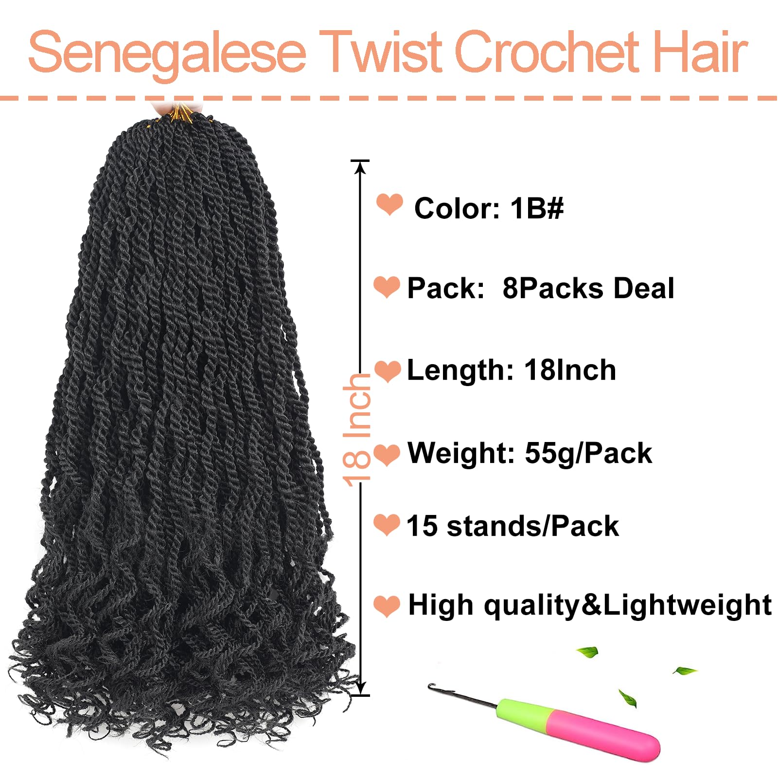Mscat 18 Inch Wavy Senegalese Twist With Curly Ends, 8 Packs Pre-Looped Passion Crochet Hair - Image 2