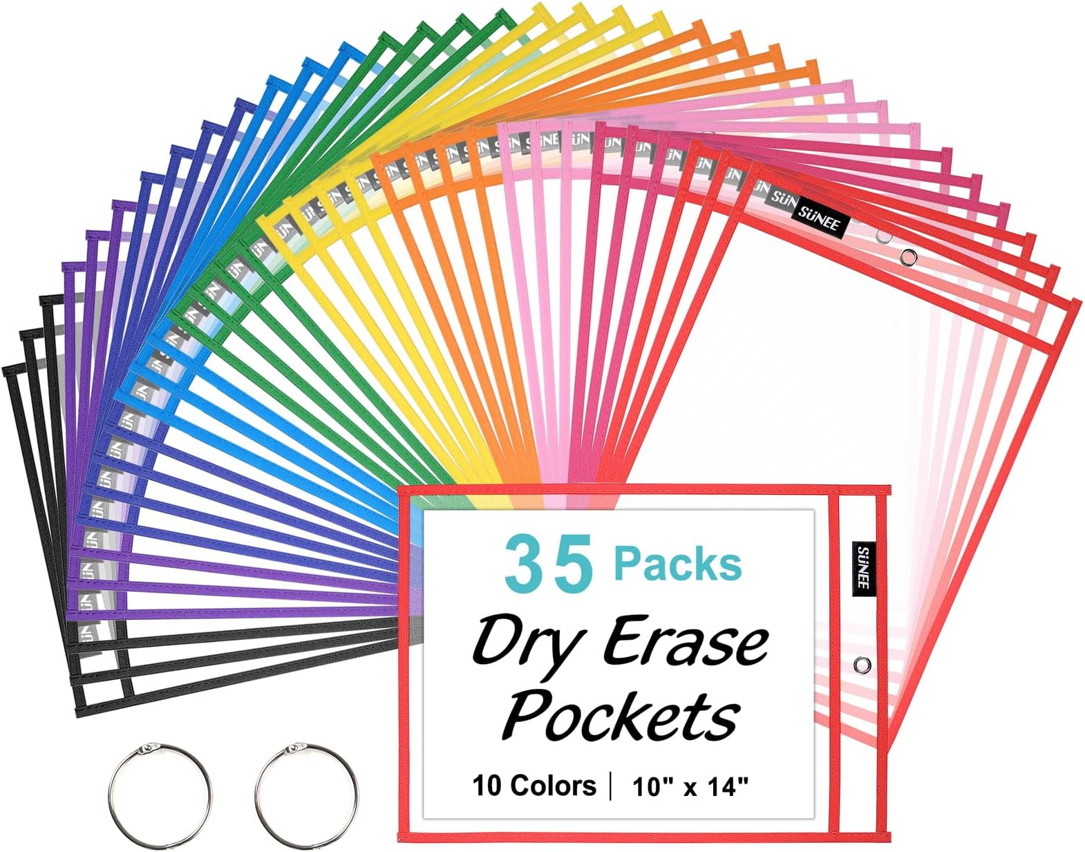 30 Pack Oversized Dry Erase Pockets - Reusable Plastic Sleeves, 10 Colors, For Classroom & Office Organization
