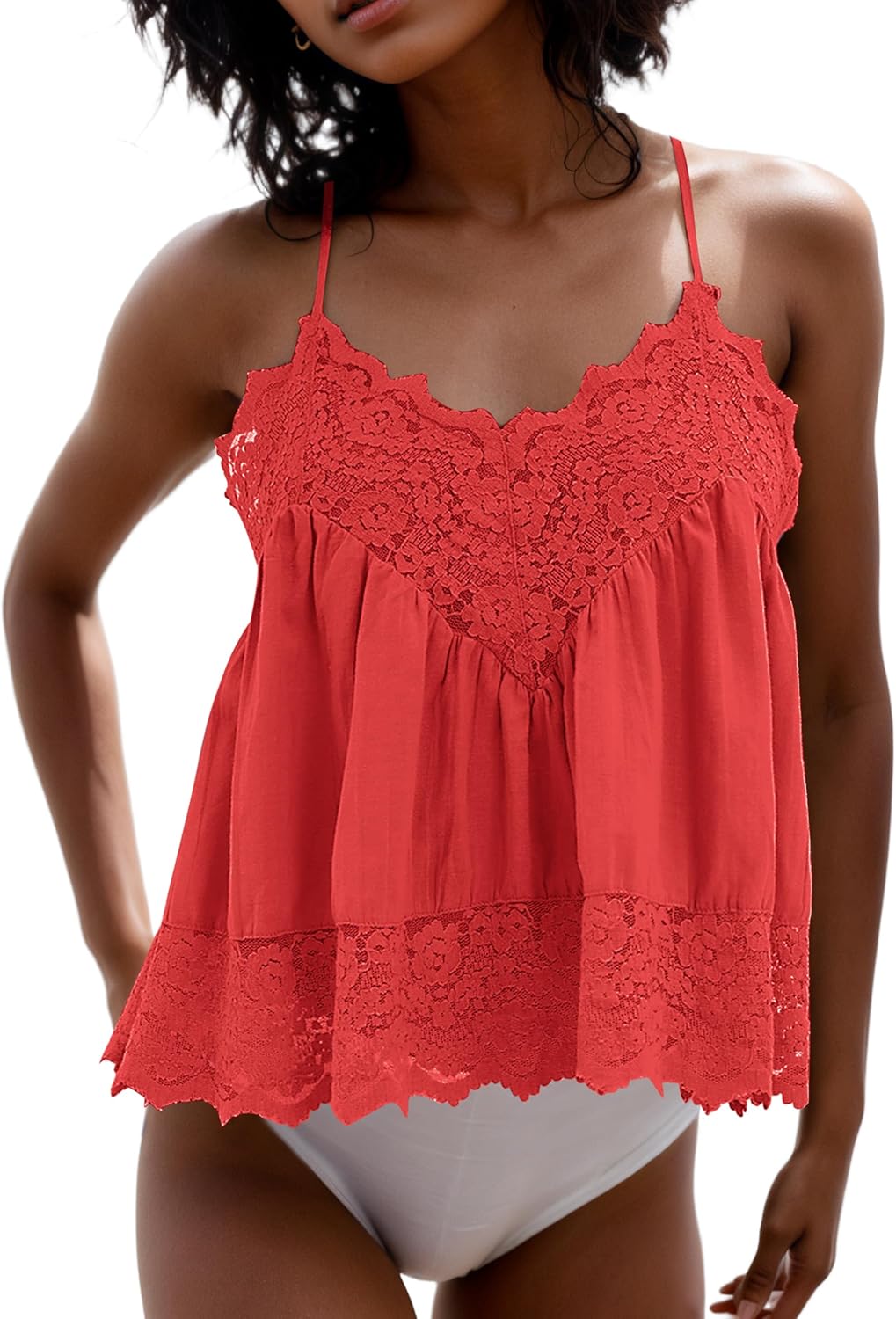 MISSACTIVER Women's Lace Trim Spaghetti Strap Cami Top Scalloped Hem Sleeveless Backless V Neck Racerback Flowy Tank Camisole