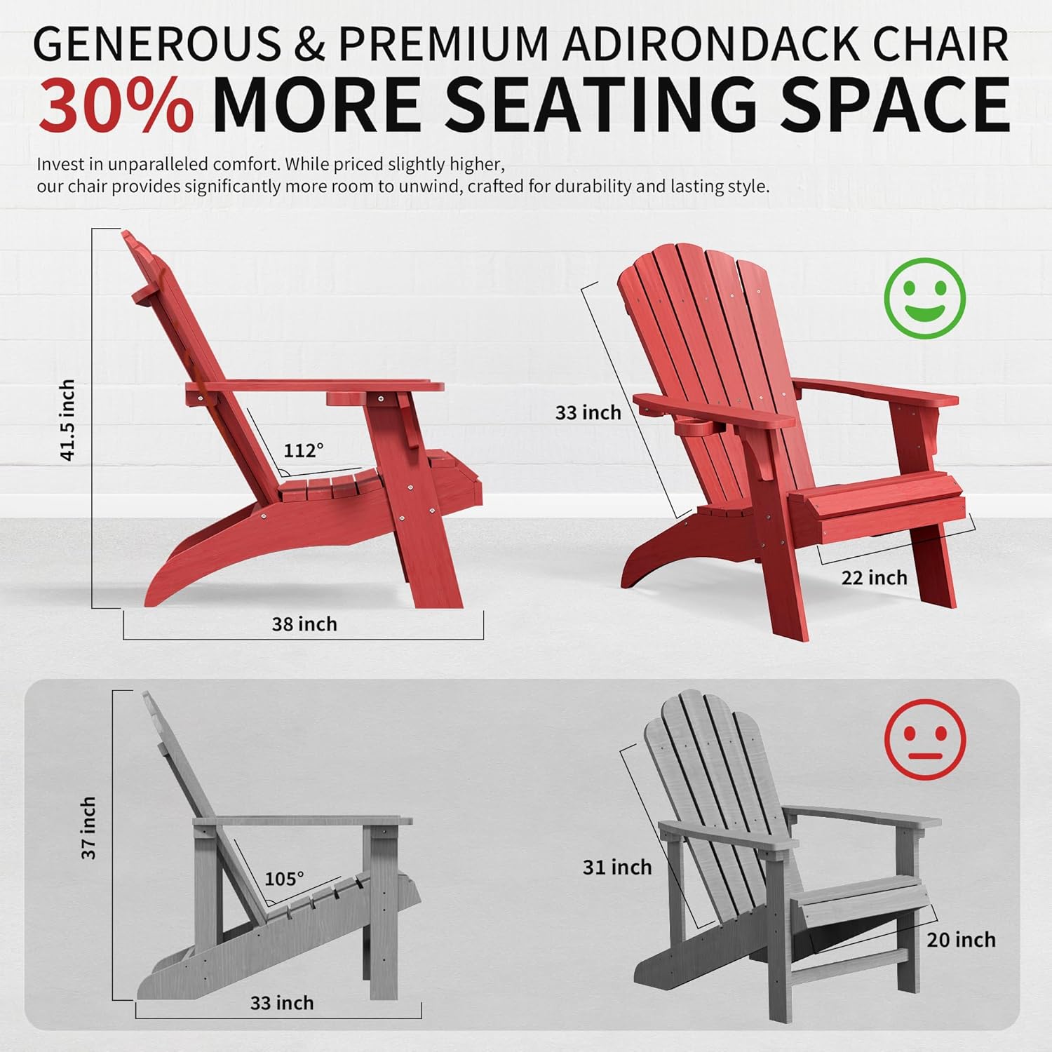 Psilvam Adirondack Chair, Oversized Poly Lumber Fire Pit Chair with Cup Holder, 350Lbs Support Patio Chairs for Garden, Weather Resistant Outdoors Seating, Relaxing Gift for Father & Mother (Red)