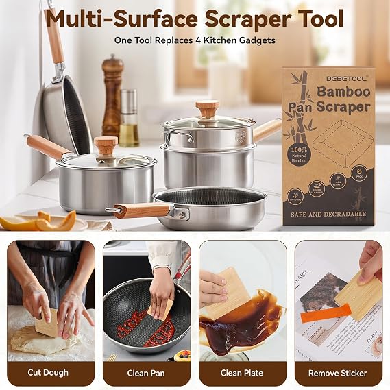 DEBETOOL 6-Pack Natural Bamboo Pan Scraper & Pot Scraper - Non-Scratch Dish Scraper for Cast Iron,Stainless Steel & Ceramic Cookware - Food Scraper Tool