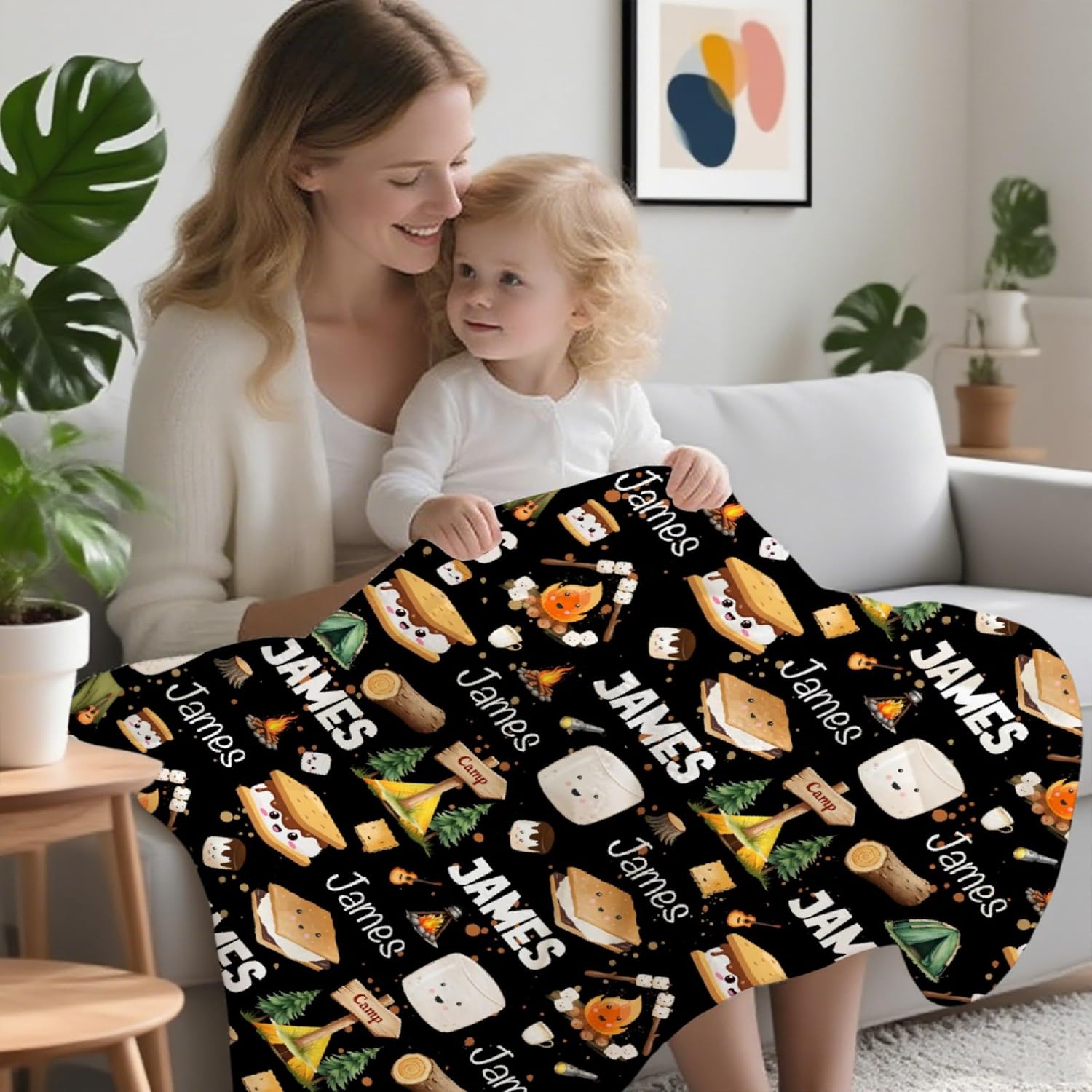 Custom Marshmallow Blanket with Name | Personalized Camping Blanket for Girls Boys | Ultra Soft Customized S'Mores Throw for Couch/Sofa/Travel/Camping Home Decor - 50"x60"-Teens/Travel Size
