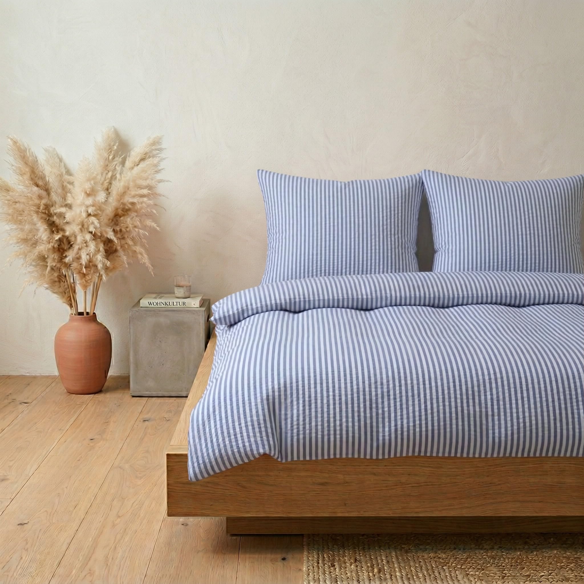 Carpe Sonno Seersucker Bettwäsche 135x200 Baumwolle [Bügelfrei] | Leicht kühlende Bettwäsche Seersucker 135x200 | Sommer Bettbezug 135 x 200 mit Streifen | Sommerbettwäsche gestreift Blau Weiß