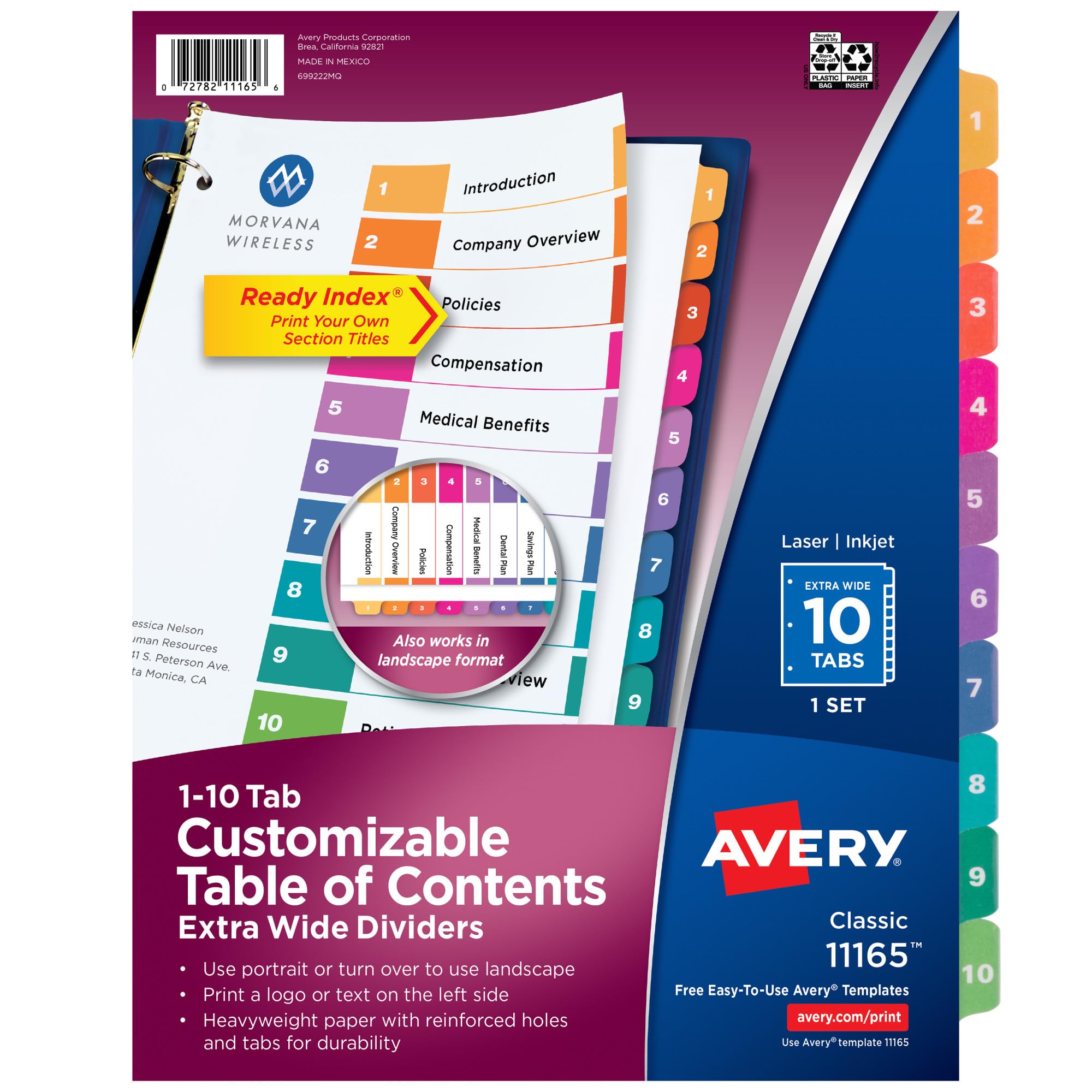 Extra-Wide Dividers for 3 Ring Binders, 10 Tabs per Set, Customizable Table of Contents, Multicolor Tabs, Works Great with Sheet Protectors (11165)
