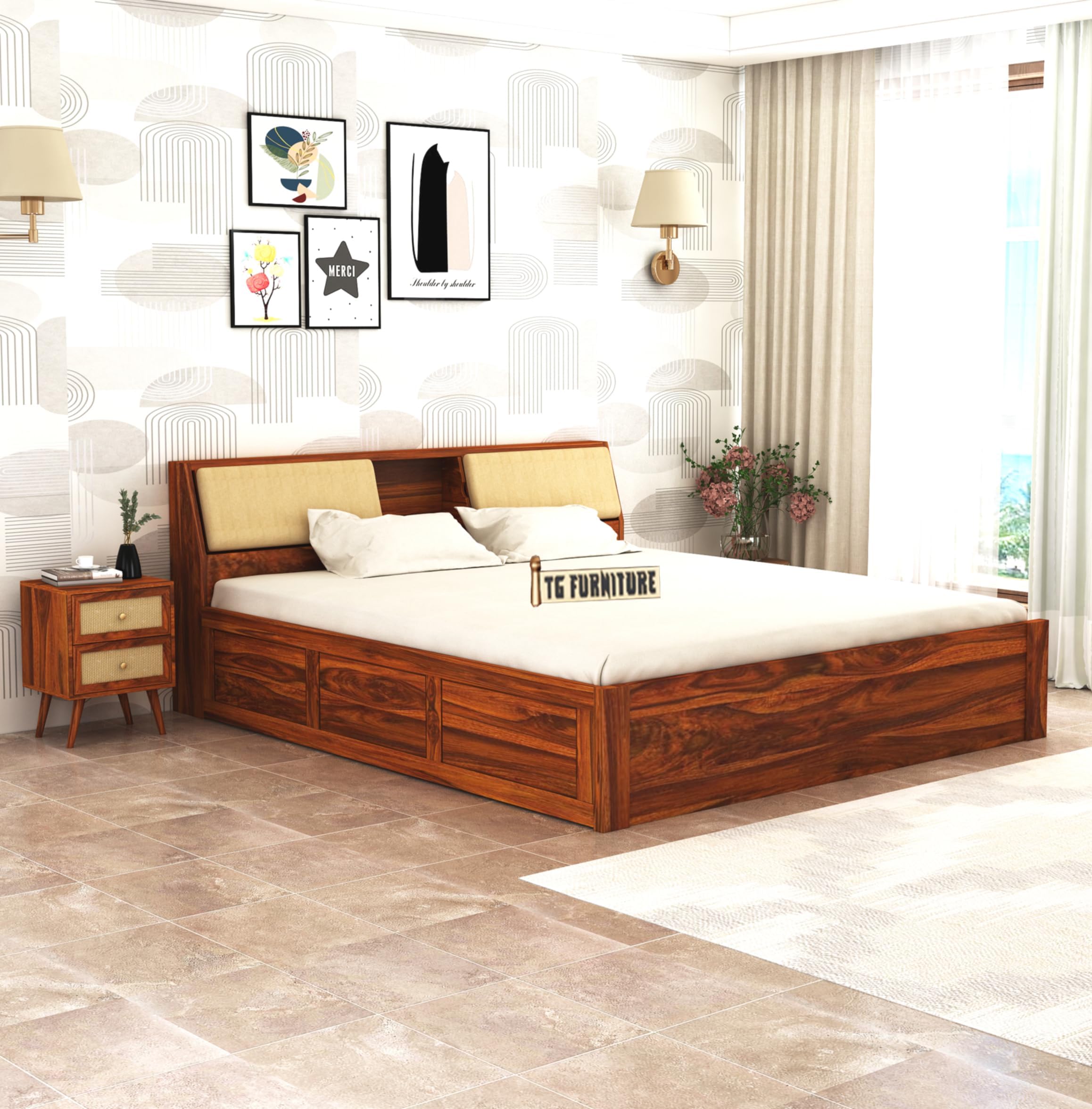 T.G. FURNITURE Solid Sheesham Wood King Size Bed With Box Storage For Living Room Bedroom Home Wooden King Size Bed Cot Palang (Natural Finish) | 1 Year Warranty