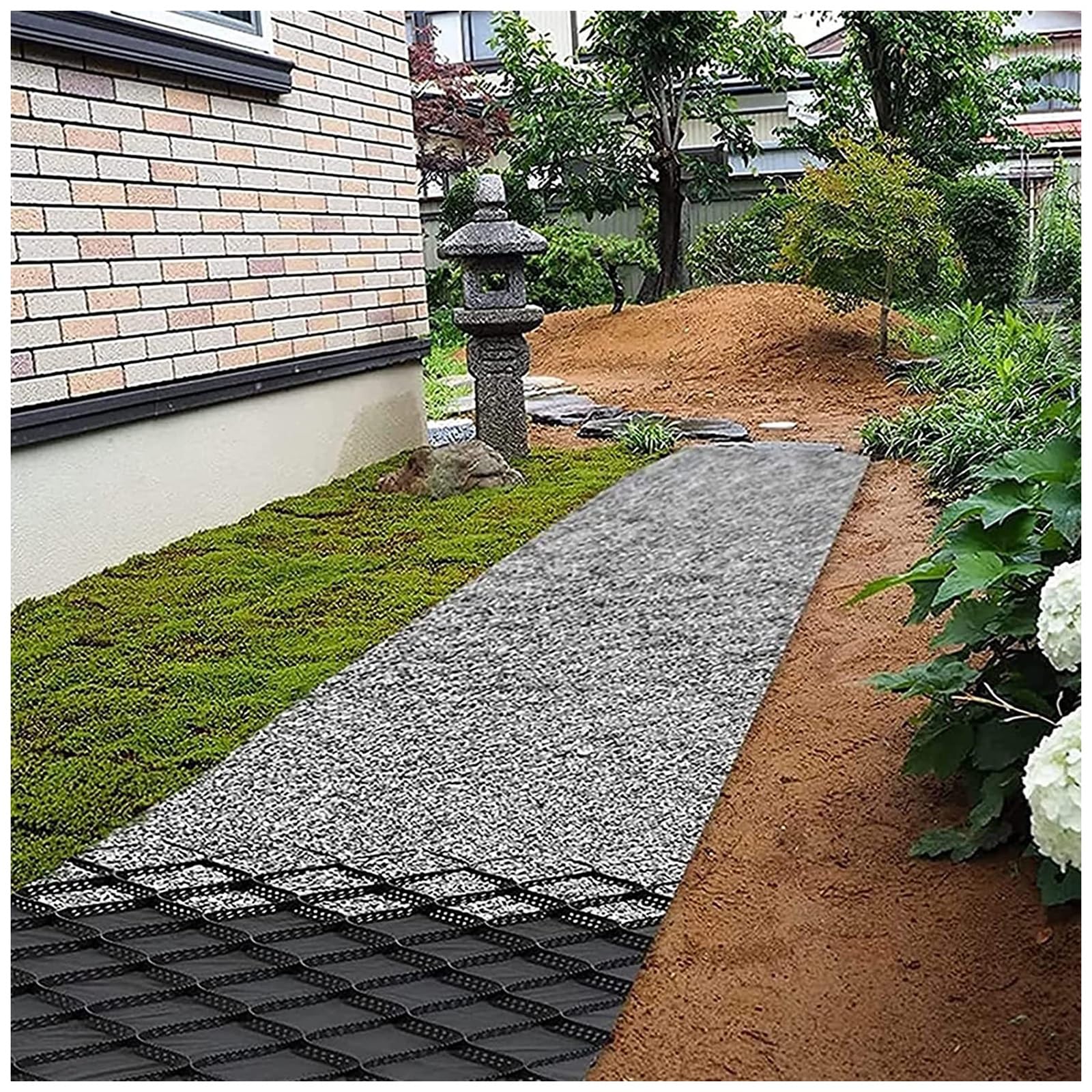 Estabilizador de grava de malla de refuerzo de pared de retención de geomalla de 4 pulgadas de grosor para paisajismo, pasarela, pistas de paddock, rejilla de suelo con 10 estacas de 5/6/7/8/9/10 m de