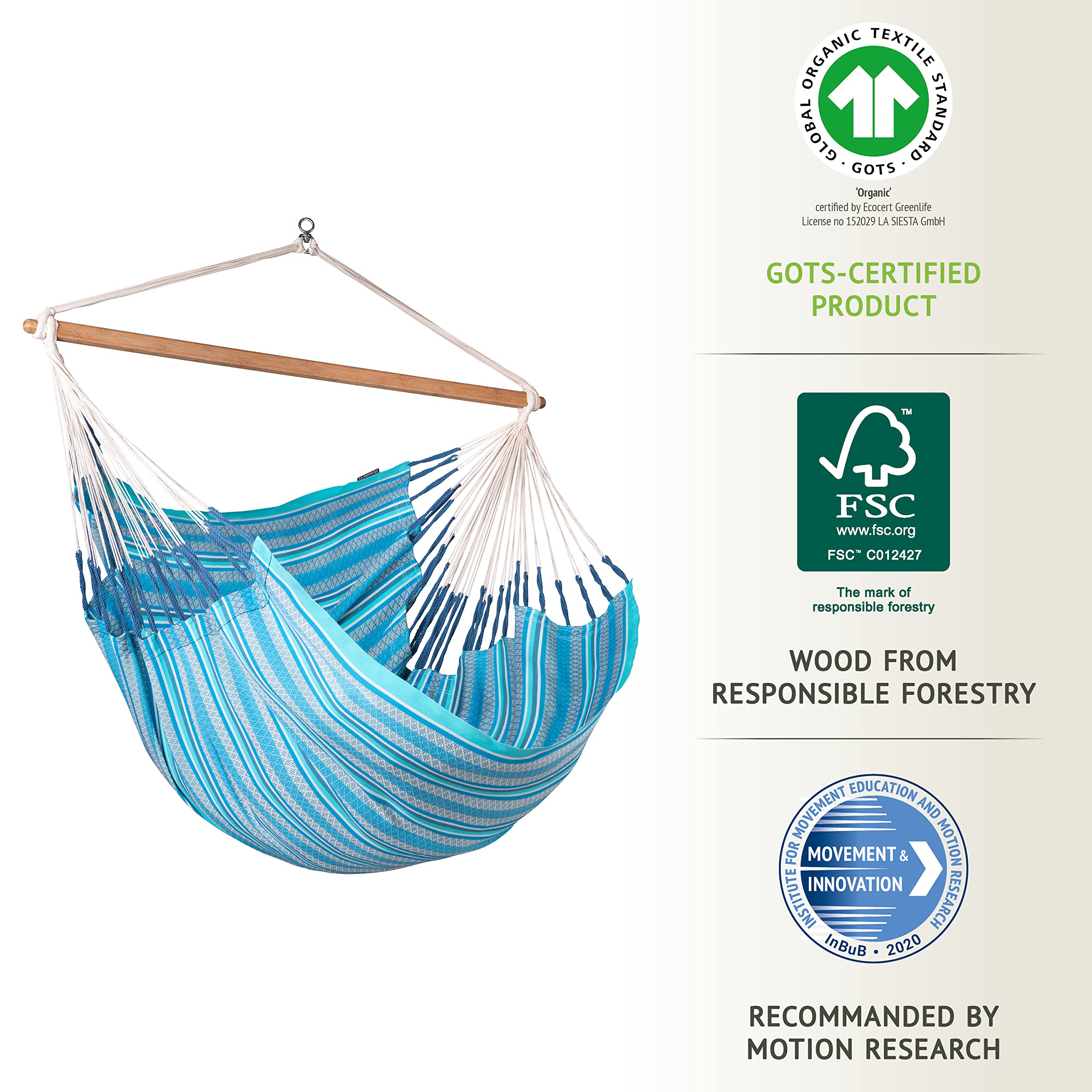 La Siesta® Habana - Chaise-Hamac Bio en Coton Kingsize, Rotation à 360°, Design Courbé, Fabrication Colombienne - Azure, Kingsize