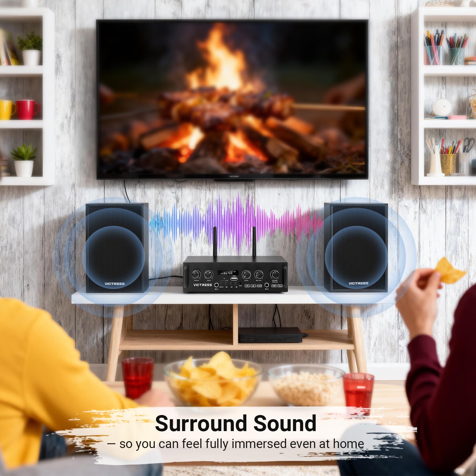 Ricevitori e amplificatore audio domestico all-in-one con altoparlante HiFi professionale e doppi microfoni wireless UHF, set di amplificatori stereo Bluetooth 5.0 per casa/festa/musica, USB/TF/AUX