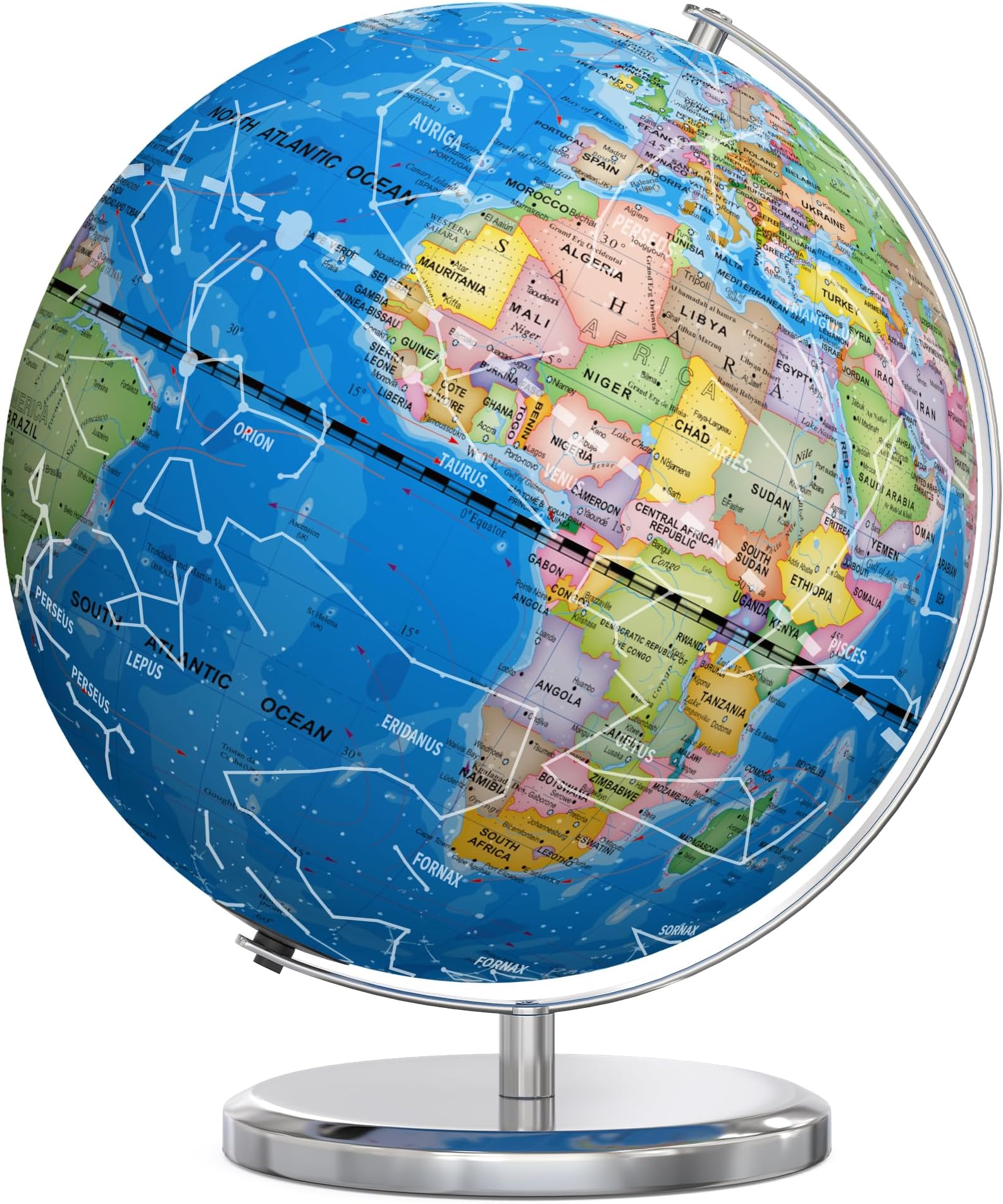 Waldauge Illuminated World Globe with Stand, 13" Earth Globes with Stable Heavy Metal Base for Kids Classroom Learning, LED Constellation Globe Night Light with HD Printed Map