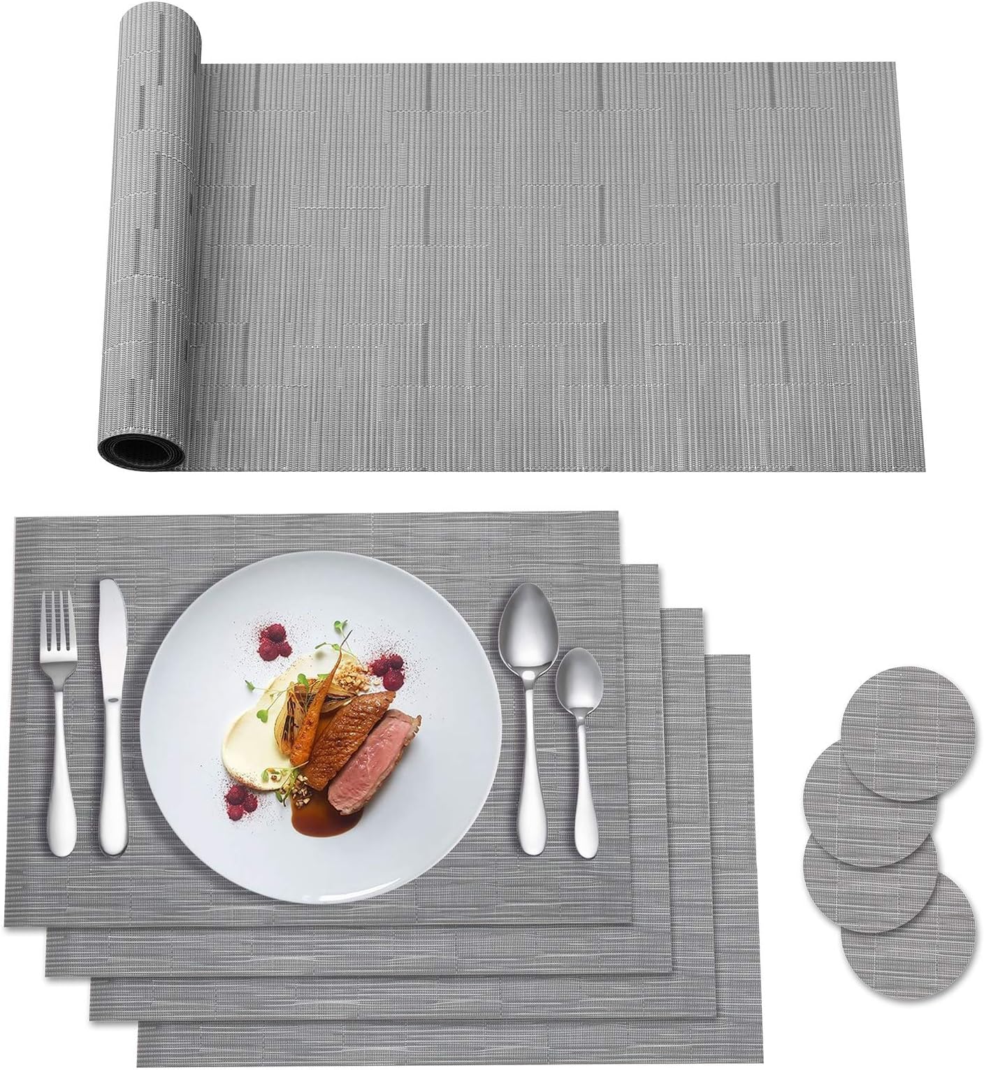 HPMAISON 9 Pcs Grey Placemats Set - 4 Placemats, 4 Coasters, 1 Long Table Mat - Resistant Anti-Slip Place Mats for Home and Restaurant