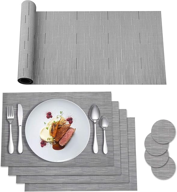 HPMAISON Placemats, 9 Pcs Grey Table Mats Set, 4 Placemats + 4 Coasters + 1 Long Table Mat Resistant Anti Slip Table Place Mats and Coaster Sets for Home Restaurant