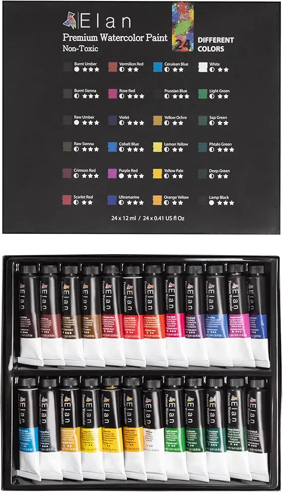 Elan Conjunto profissional de tinta aquarela, 24 tubos de tinta de aquarela líquida de 12 ml, conjunto de pintura de artista para adultos, conjunto de tinta profissional não tóxico, tinta aquarela de