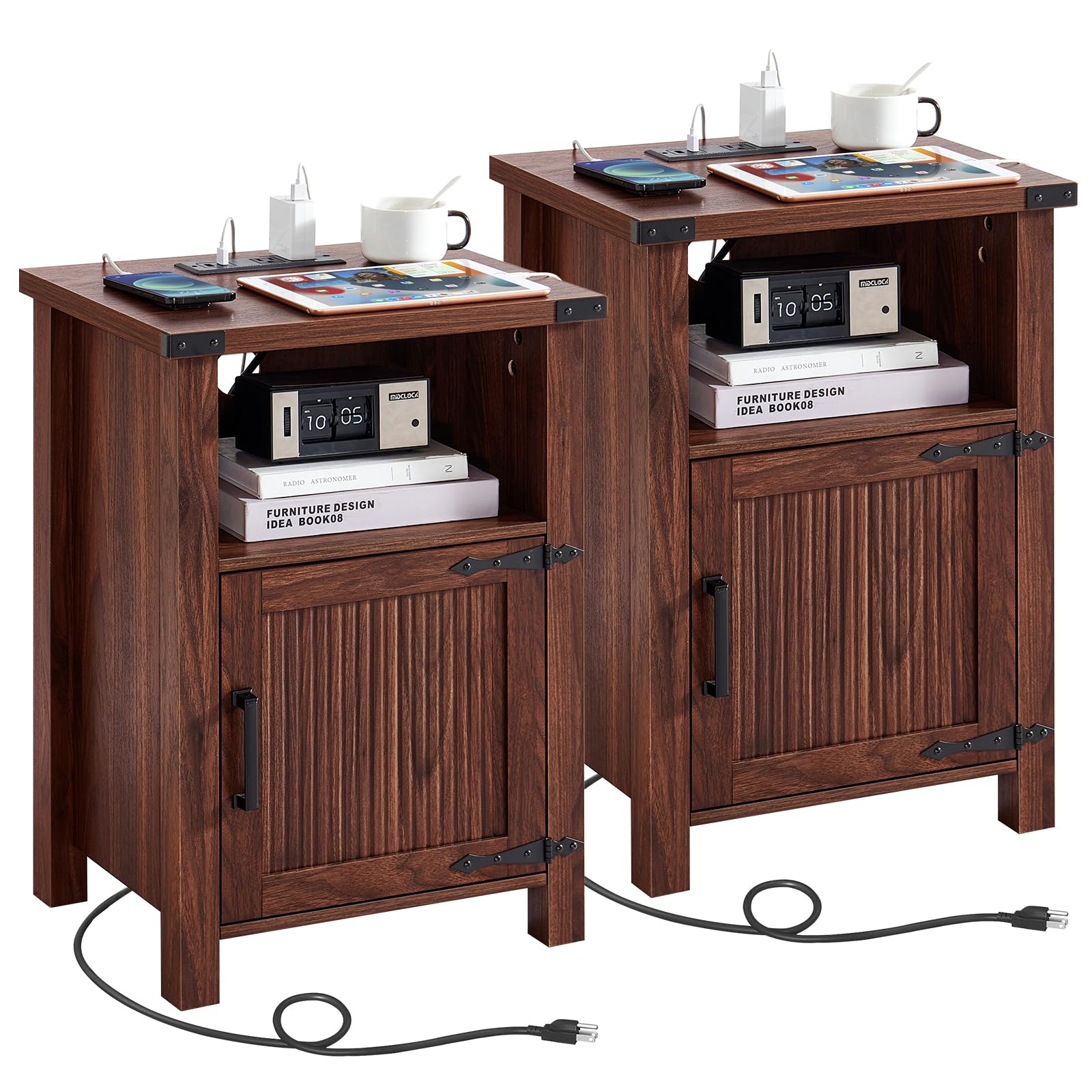 Joaxswe Nightstands Set of 2 with Charging Station,Farmhouse Wood 18" Night Stand with Open Storage Shelf, Rustic Bedside End Table for Bedroom,