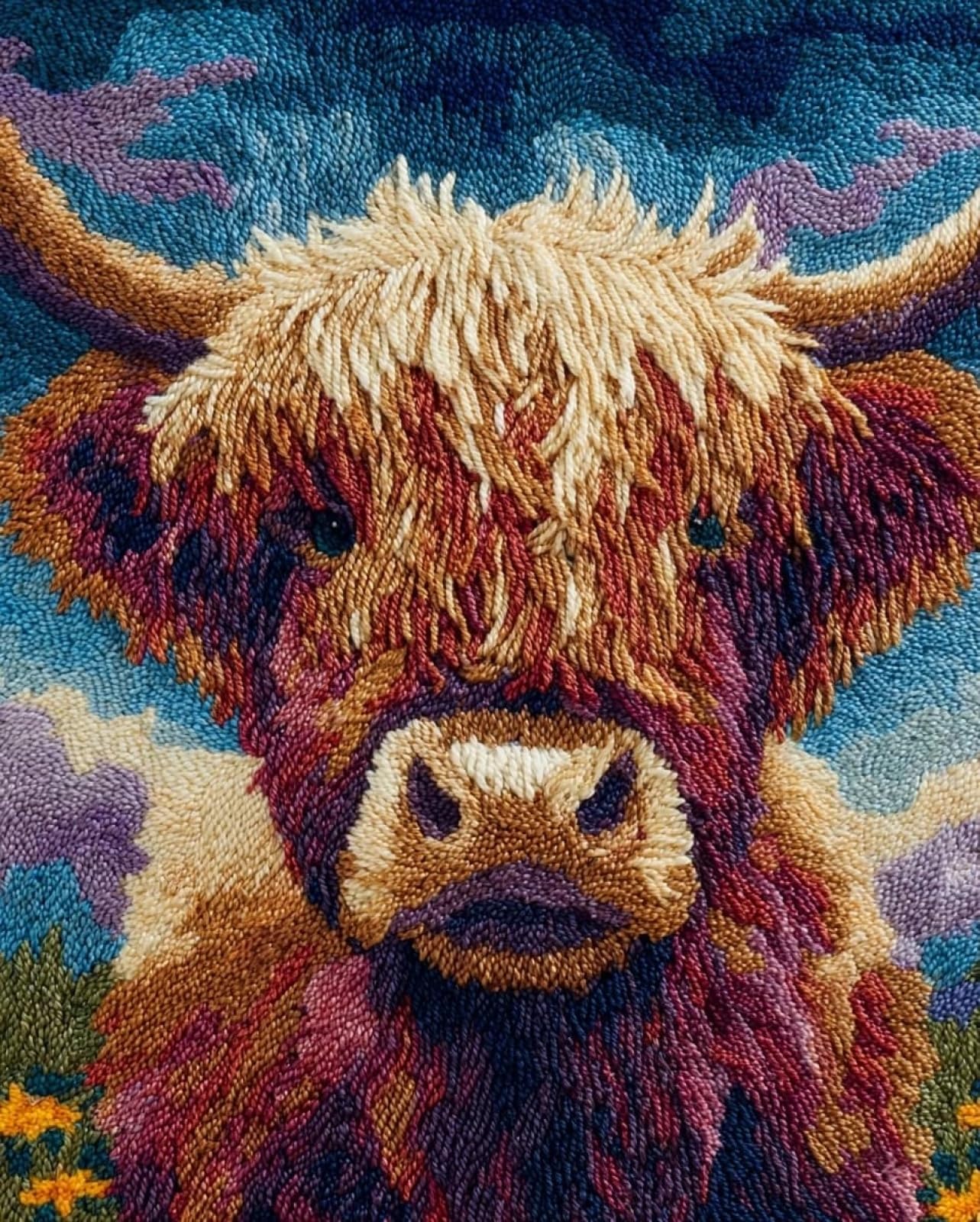 Wallphantom DIY Latch Hook Rug Kits for Adults,Highland Cattle and Flowers