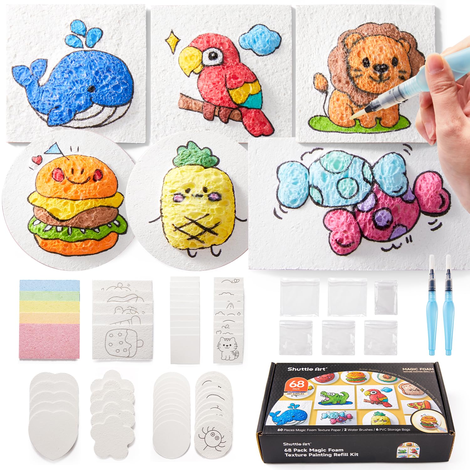 Shuttle Art Kit di Pittura Magica Gonfiabile da 66 Pezzi, Kit di Pittura Magica 3D con Spugna e Texture con 60 Fogli di Carta Spugna, Set di Pittura per Adulti, Bambini 6-12, Artisti, Kit di Pittura