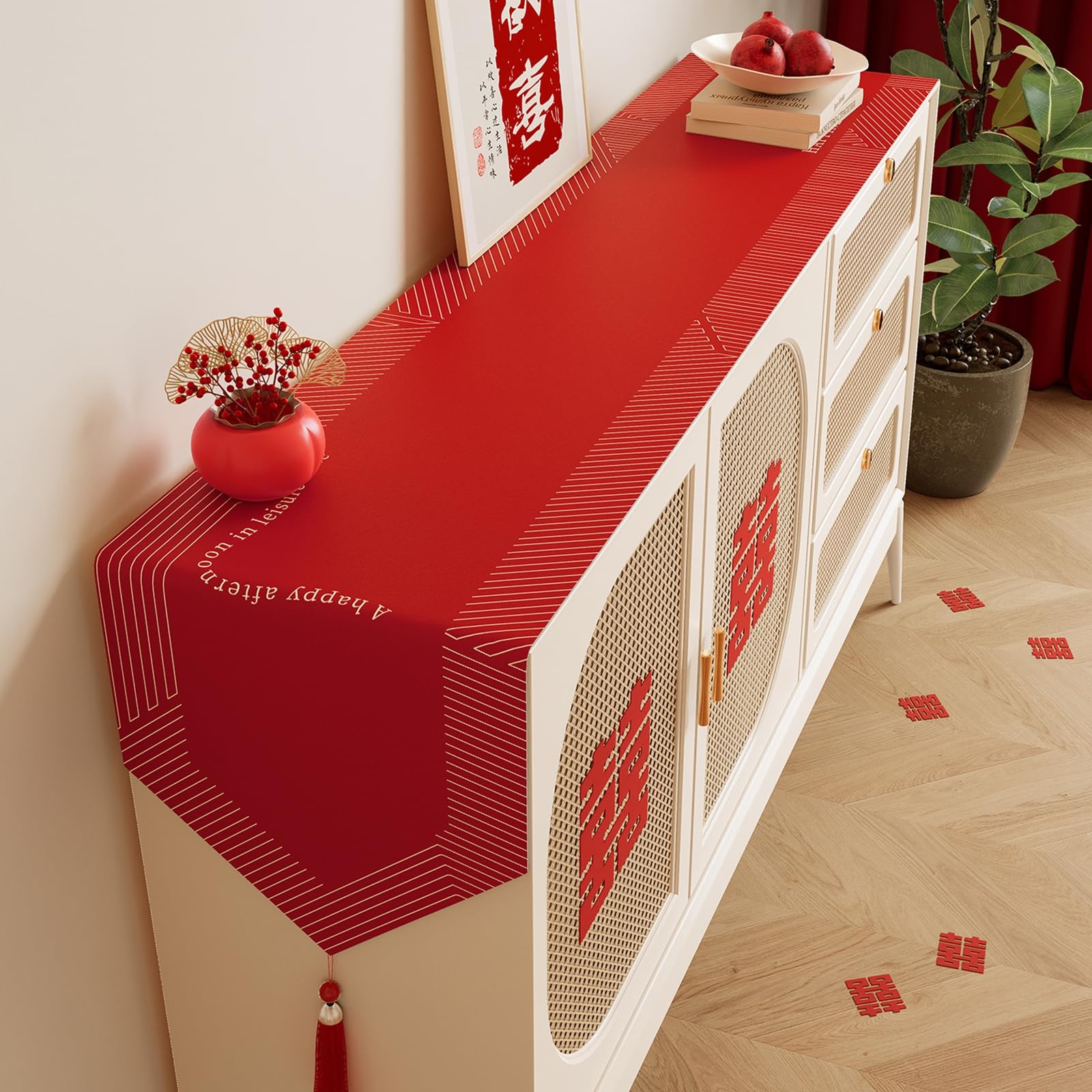 Runner da Tavolo Poliestere Lino 30x340 cm, Runner da Tavola Moderno Lavabile Motivo Righe con Nappe Esterno Interni Decorazioni per Tavolino da Compleanni Matrimoni, Rosso