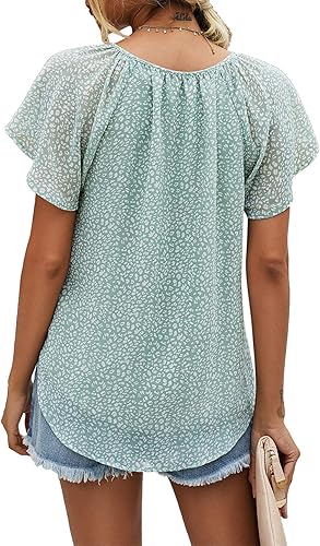 Miniatura 5 de Mansy - Blusas de manga corta con cuello en V para mujer, estampado floral, casual, con volantes, blusas sueltas de verano