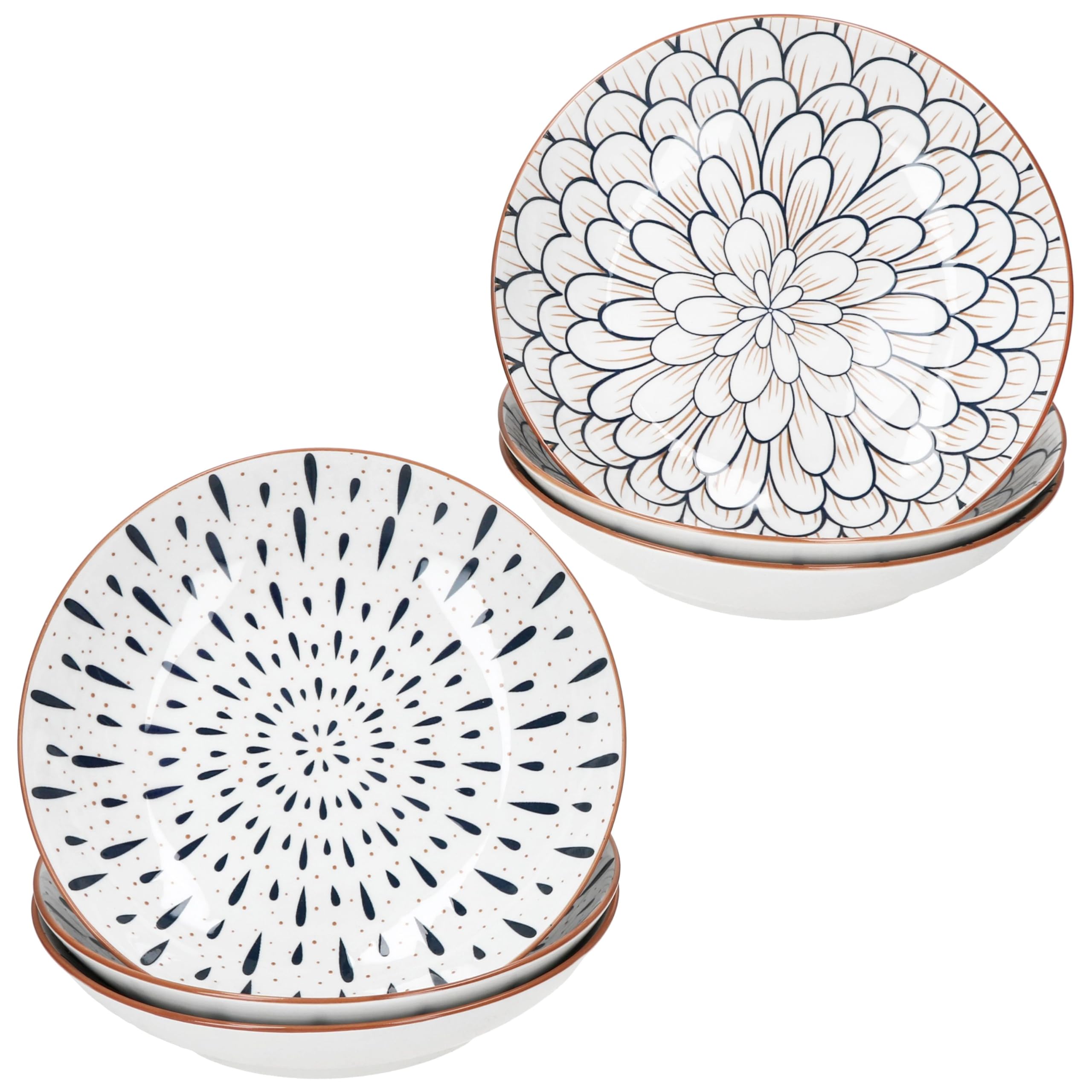 MamboCat Totto Lot de 6 assiettes creuses - Diamètre : 20 cm - En grès - Avec motif fleurs et feuilles - Bleu foncé, blanc et bord marron - Assiettes creuses pour soupe, pâtes et bols