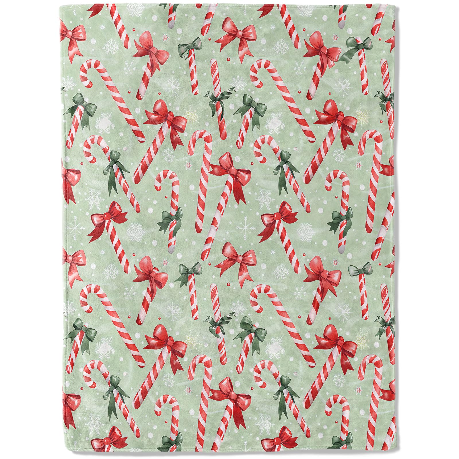 Kevcer Candy Cane Throw Blanket- Ultra Soft,Fleece,Lightweight,Tocking,Holly Leaf with Red Bows Snowy Green Blankets,for Couch Room Bedroom,Christmas Holiday Festive Decor,Gifts for Kids 50x60in