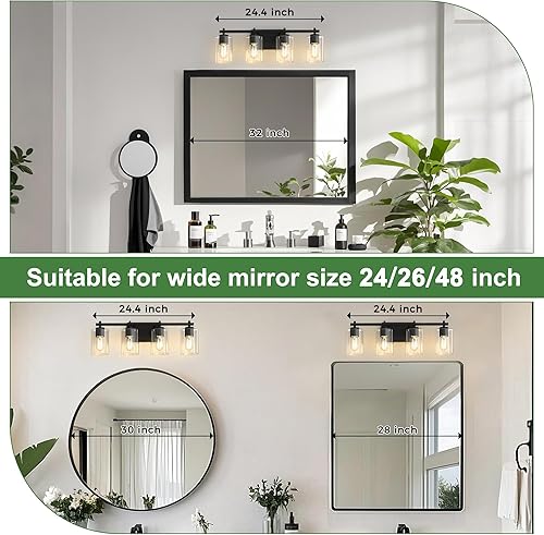 Miniatura 2 de DORESshop Lámpara de tocador de baño de 4 luces sobre el espejo, lámparas de baño negro mate con pantallas de vidrio transparente, luces modernas