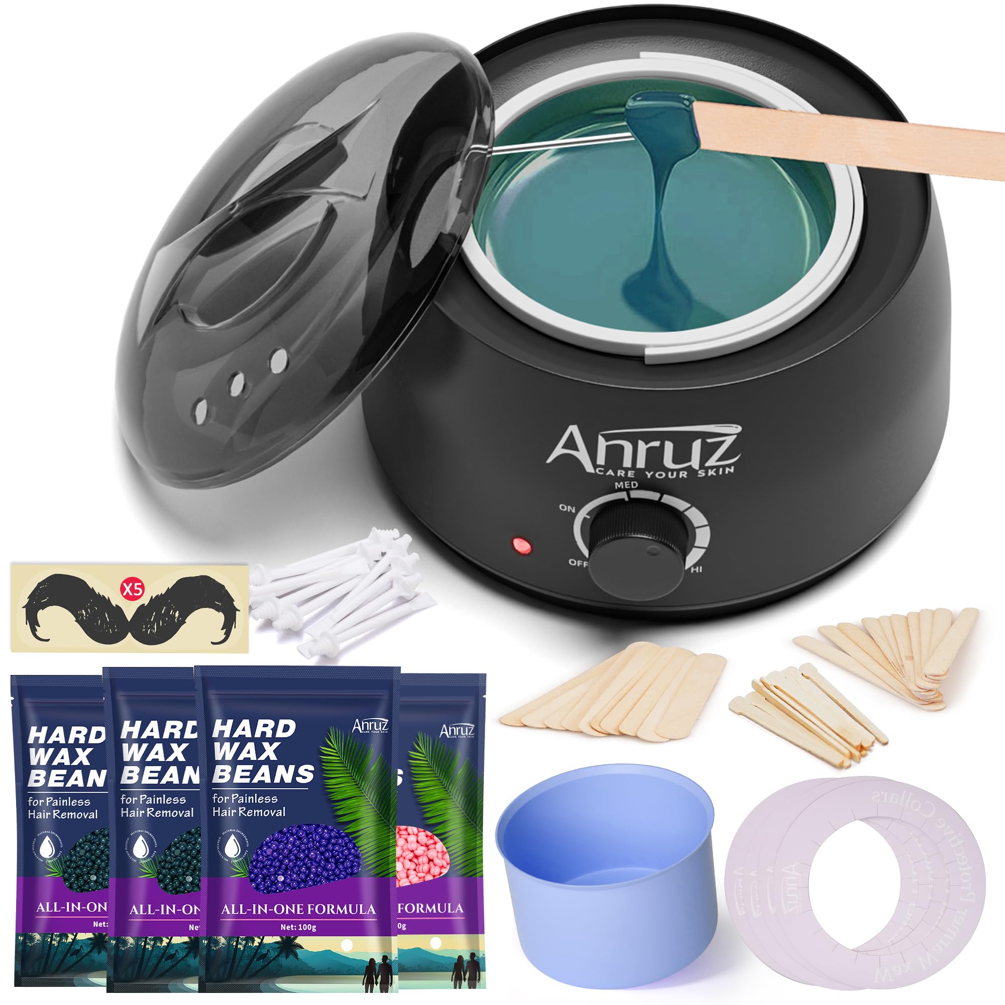 Waxing Kit for Women Men - Wax Kit for Hair Removal with Silicone Bowl 4 Bags Hard Waxing