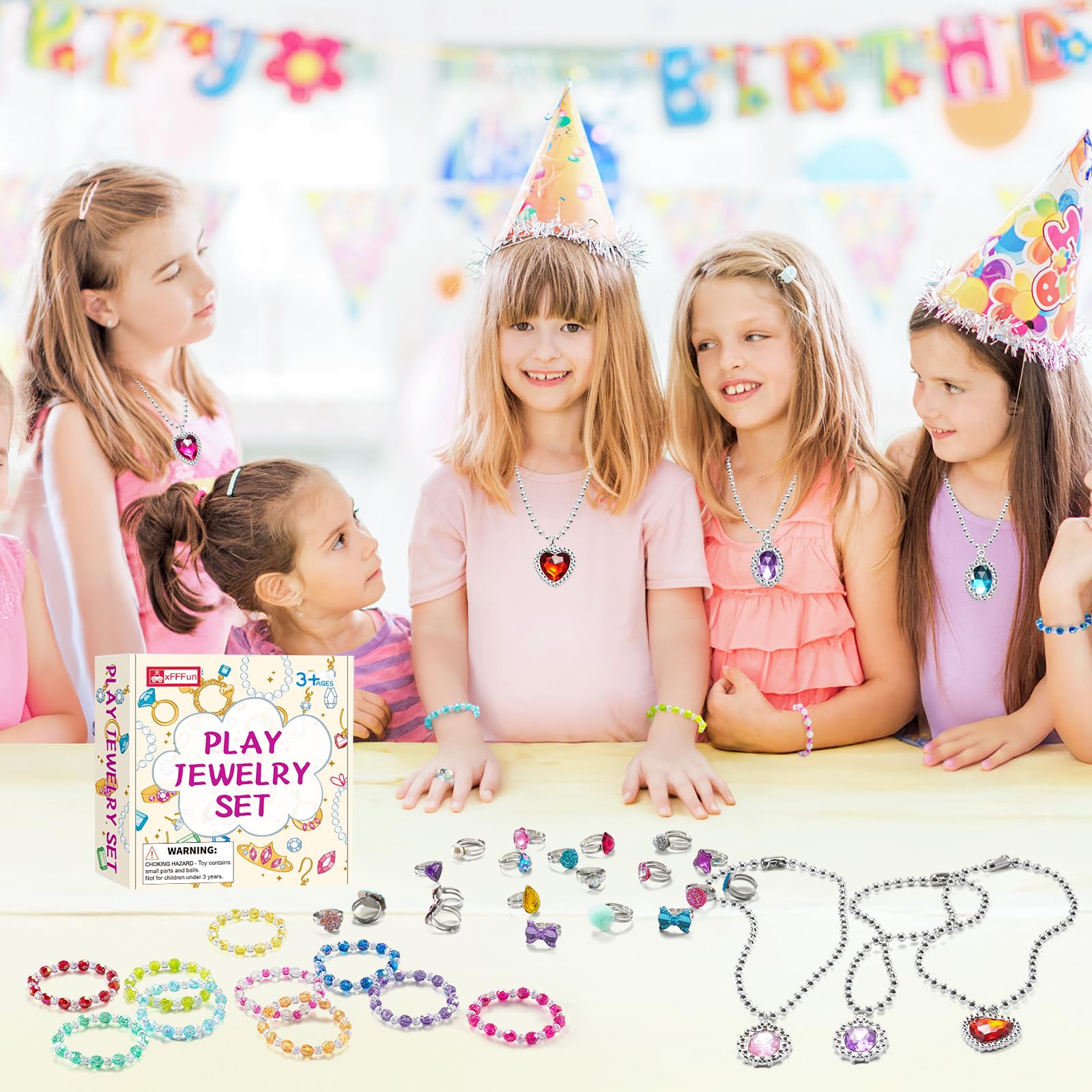 xFFFun 36 PCS Kinder Schmuck für Mädchen, Spielzeug ab 3 Jahre, Kinderschmuck Ringe Armband Halskette, Schmuck Set für Kinder Geschenke, Pinata Gastgeschenke Geburtstag Mädchen 3 4 5 6 7 8 Jahre