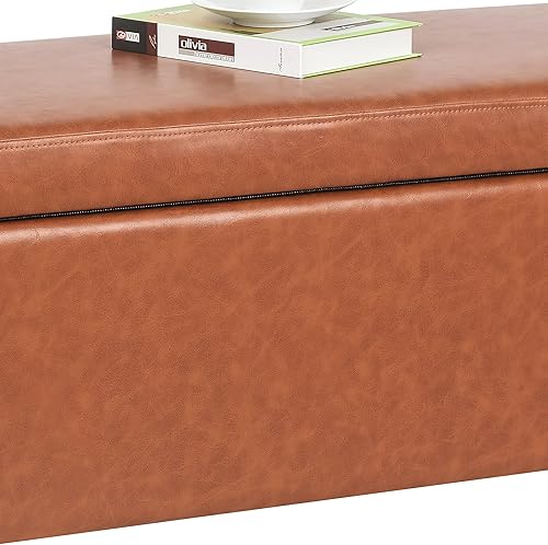 Miniatura 91 de Adeco Otomana de almacenamiento, banco tapizado rectangular de piel sintética con patas de madera, reposapiés, mesa de café para sala de estar,
