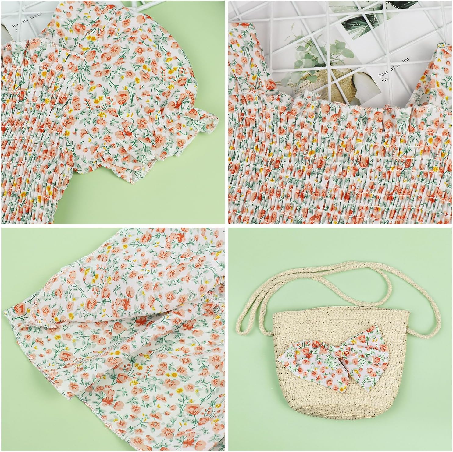 AGQT Toddler Girls Floral Dress Square Neck Puff Sleeve A-Line Smocked Dress with Bag Toddler Girls Summer Dress 12M-7T - Image 7