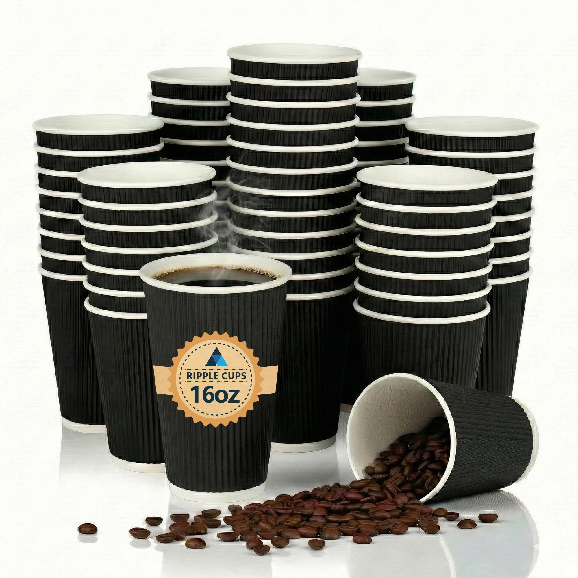 Nationwide Paper 16oz (475ml) Triple Wall Ripple Paper Cups Black Insulated Disposable Takeaway Coffee Cups for Hot Drinks, Tea, Cappuccino & Espresso, Recyclable Catering Tableware (Pack of 50)