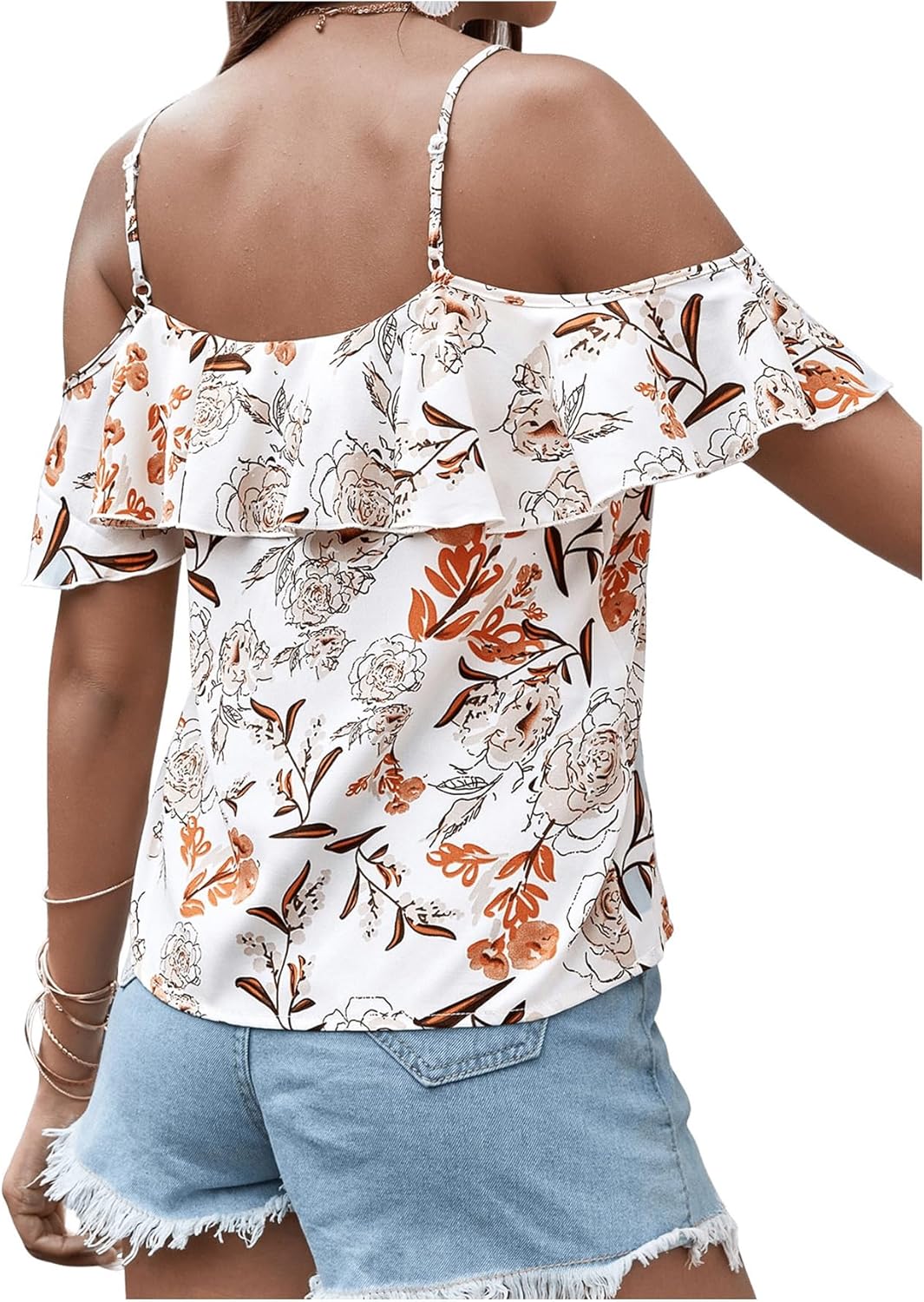 SweatyRocks Women's Ruffle Floral Cold Shoulder Blouses Boho V Neck Short Sleeve Tops Going Out Tops - Image 2