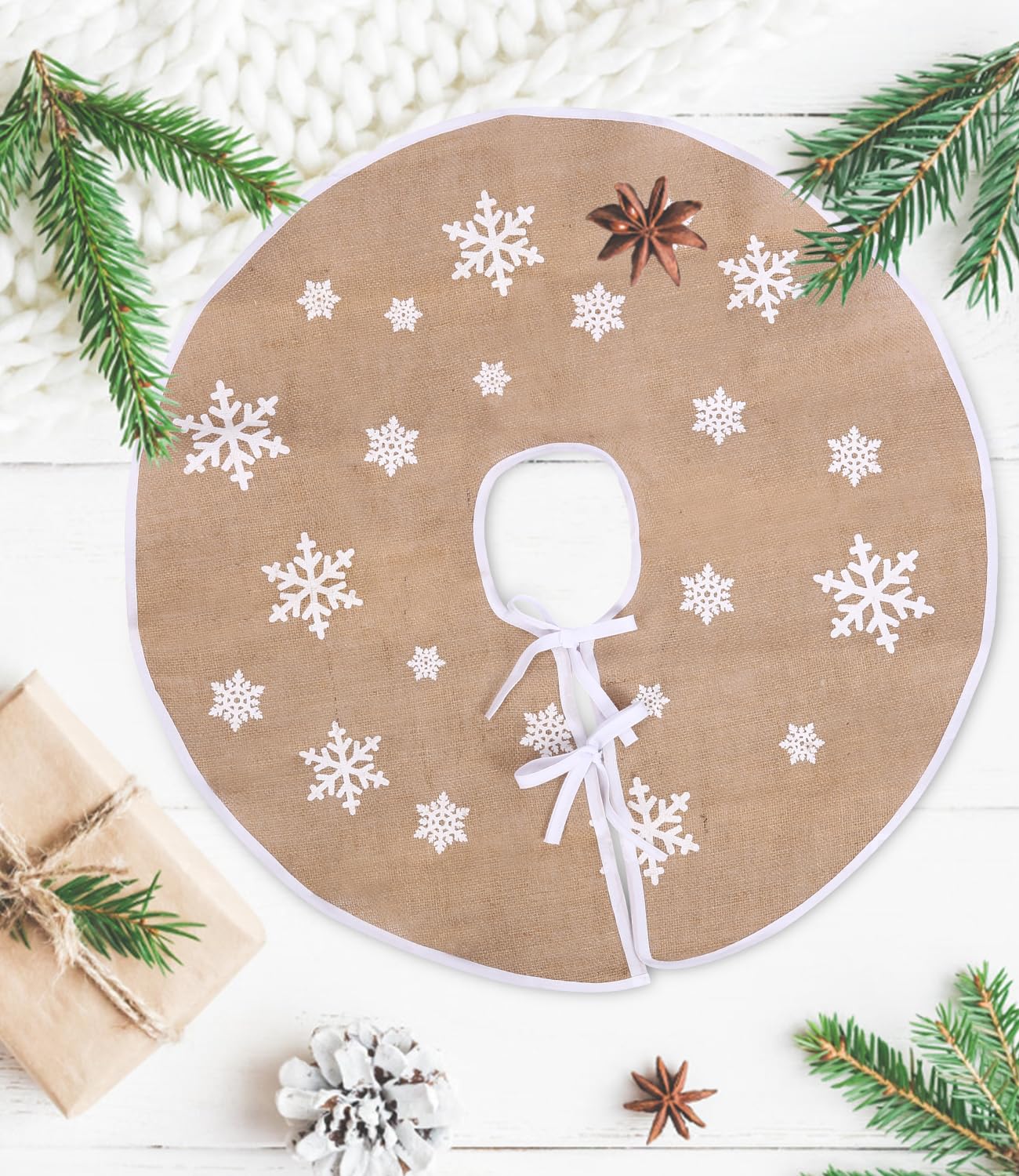 Jupe de Sapin de Noël Flocons de Neige Lin Kaki 80 cm