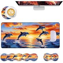 Mouse Pad,Large Desk Mat Set, 4in1 XL Mousepad + Keyboard Wrist Rest+Mouse Wrist Rest+Coaster with Ergonomic Desk Pad for Home Office Table Computer Cover -Dolphin Jumping Ocean Sunset Beach