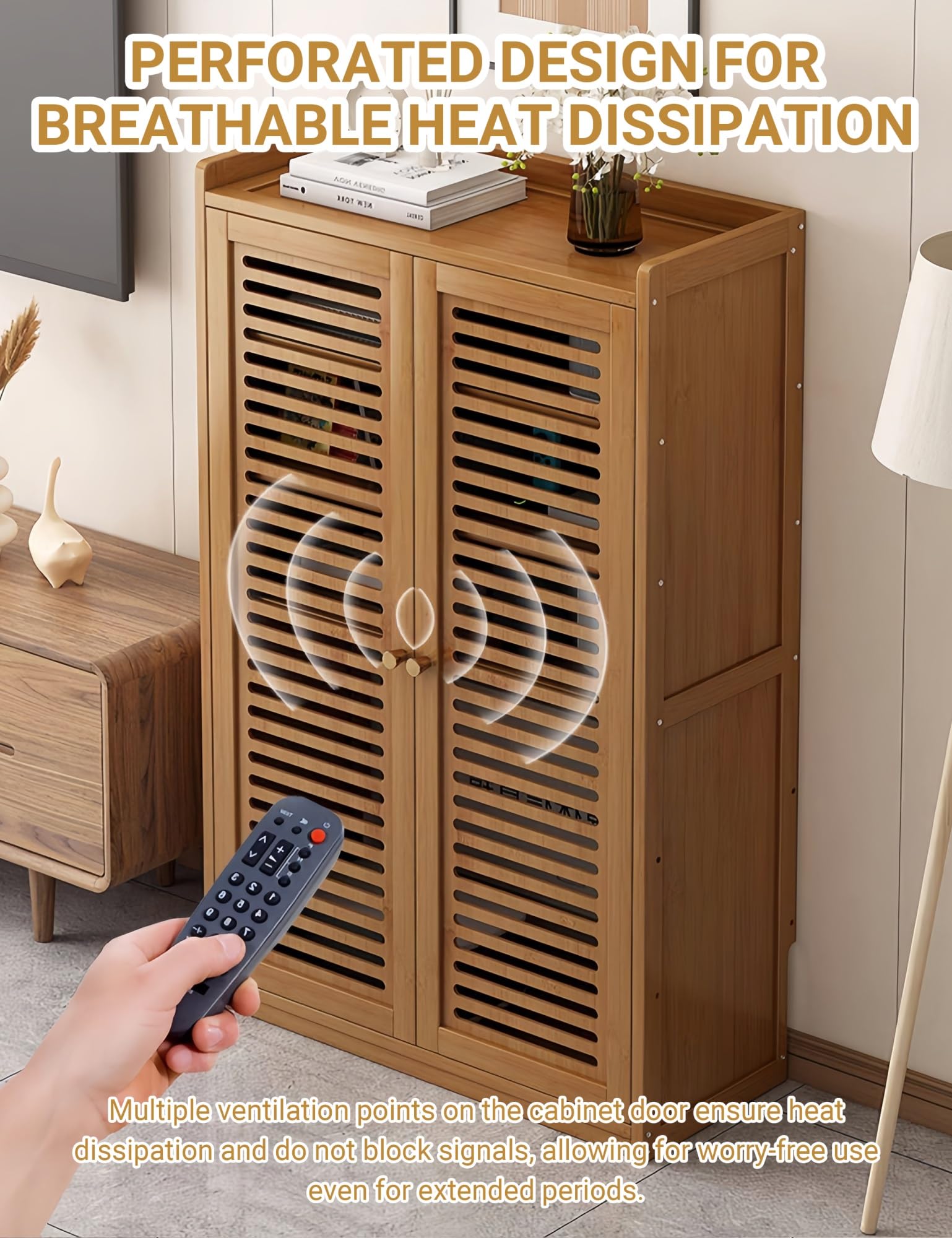 Dekorativer Router Schrank mit Lamellentüren - Stehender WLAN Aufbewahrungsschrank für Wohnzimmer & Flur - Versteckt Kabel & Modem, Gute Belüftung, Verstellbare Böden(Weiß,32.3in)