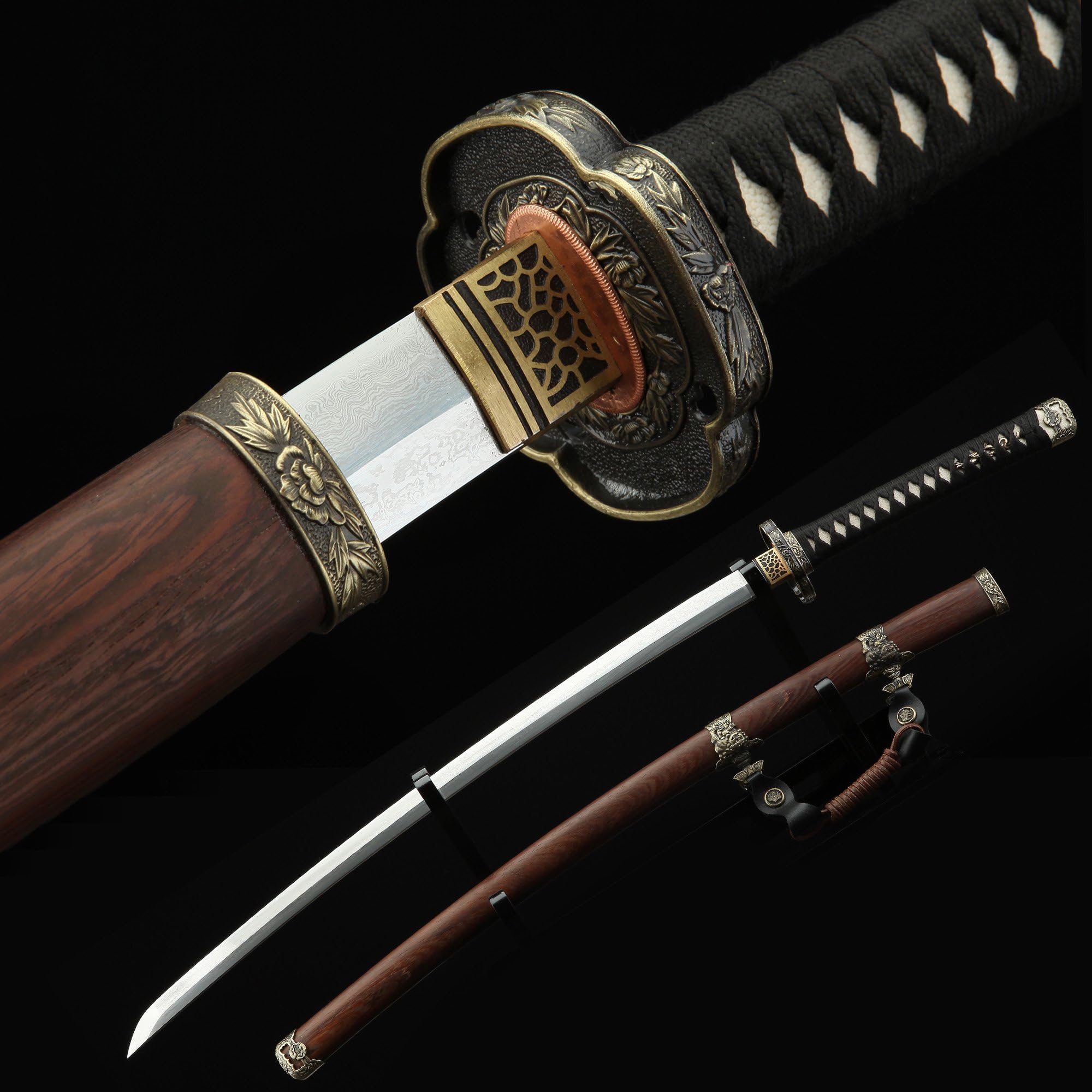 Auwiy Tachi Sword, 41 inches Fully Handmade High Hardness Pattern Steel Real Japanese Katana Samurai Sword with Scabbard Rosewood (Tachi Sword)